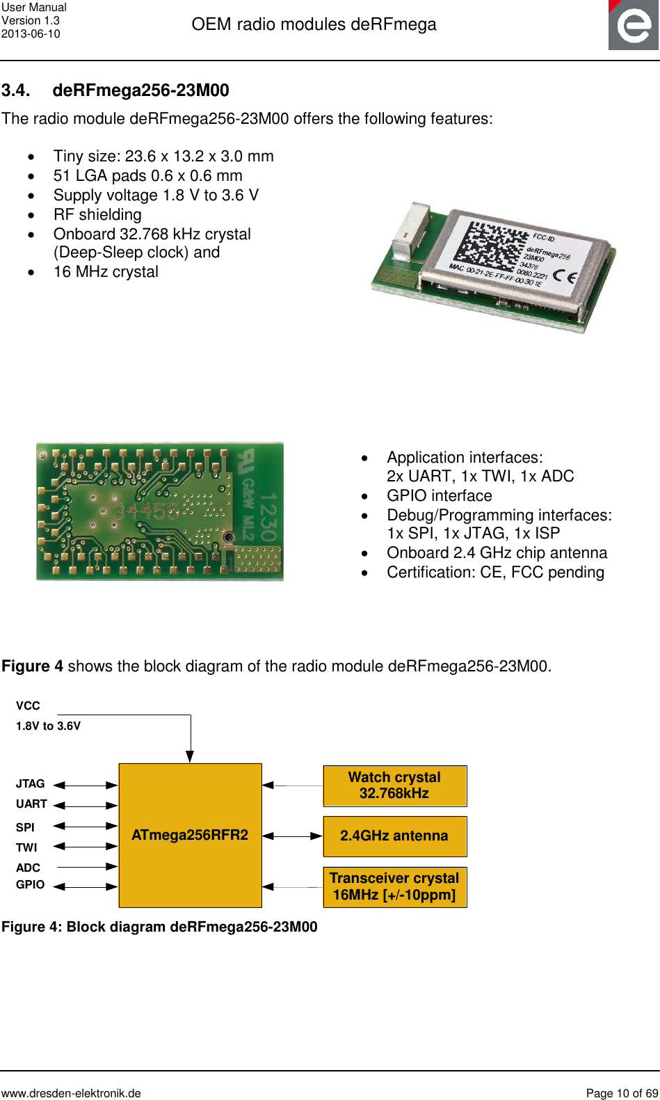 User Manual Version 1.3 2013-06-10  OEM radio modules deRFmega      www.dresden-elektronik.de  Page 10 of 69  3.4.  deRFmega256-23M00 The radio module deRFmega256-23M00 offers the following features:   Tiny size: 23.6 x 13.2 x 3.0 mm  51 LGA pads 0.6 x 0.6 mm   Supply voltage 1.8 V to 3.6 V   RF shielding   Onboard 32.768 kHz crystal  (Deep-Sleep clock) and   16 MHz crystal        Application interfaces: 2x UART, 1x TWI, 1x ADC   GPIO interface   Debug/Programming interfaces:  1x SPI, 1x JTAG, 1x ISP   Onboard 2.4 GHz chip antenna  Certification: CE, FCC pending   Figure 4 shows the block diagram of the radio module deRFmega256-23M00.   ATmega256RFR2Transceiver crystal16MHz [+/-10ppm]JTAGUARTVCC1.8V to 3.6VWatch crystal32.768kHzSPITWIADCGPIO2.4GHz antenna Figure 4: Block diagram deRFmega256-23M00  