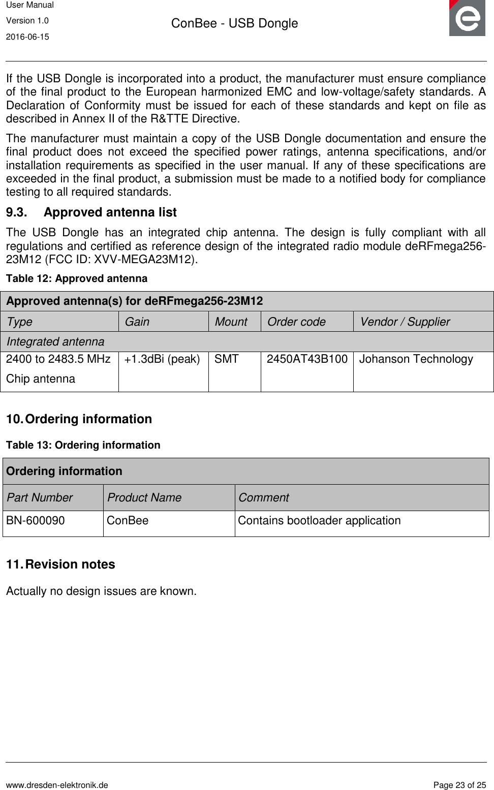 User Manual Version 1.0 2016-06-15  ConBee - USB Dongle      www.dresden-elektronik.de  Page 23 of 25  If the USB Dongle is incorporated into a product, the manufacturer must ensure compliance of the final product to the European harmonized EMC and low-voltage/safety standards. A Declaration of  Conformity must be issued for each of these standards and kept  on file as described in Annex II of the R&amp;TTE Directive. The manufacturer must maintain a copy of the USB Dongle documentation and ensure the final  product  does  not  exceed  the  specified  power  ratings,  antenna  specifications,  and/or installation requirements as specified in the user manual. If any of these specifications are exceeded in the final product, a submission must be made to a notified body for compliance testing to all required standards. 9.3.  Approved antenna list  The  USB  Dongle  has  an  integrated  chip  antenna.  The  design  is  fully  compliant  with  all regulations and certified as reference design of the integrated radio module deRFmega256-23M12 (FCC ID: XVV-MEGA23M12). Table 12: Approved antenna Approved antenna(s) for deRFmega256-23M12 Type Gain Mount Order code Vendor / Supplier Integrated antenna 2400 to 2483.5 MHz Chip antenna +1.3dBi (peak) SMT 2450AT43B100 Johanson Technology  10. Ordering information Table 13: Ordering information Ordering information Part Number Product Name Comment BN-600090 ConBee  Contains bootloader application  11. Revision notes Actually no design issues are known.  