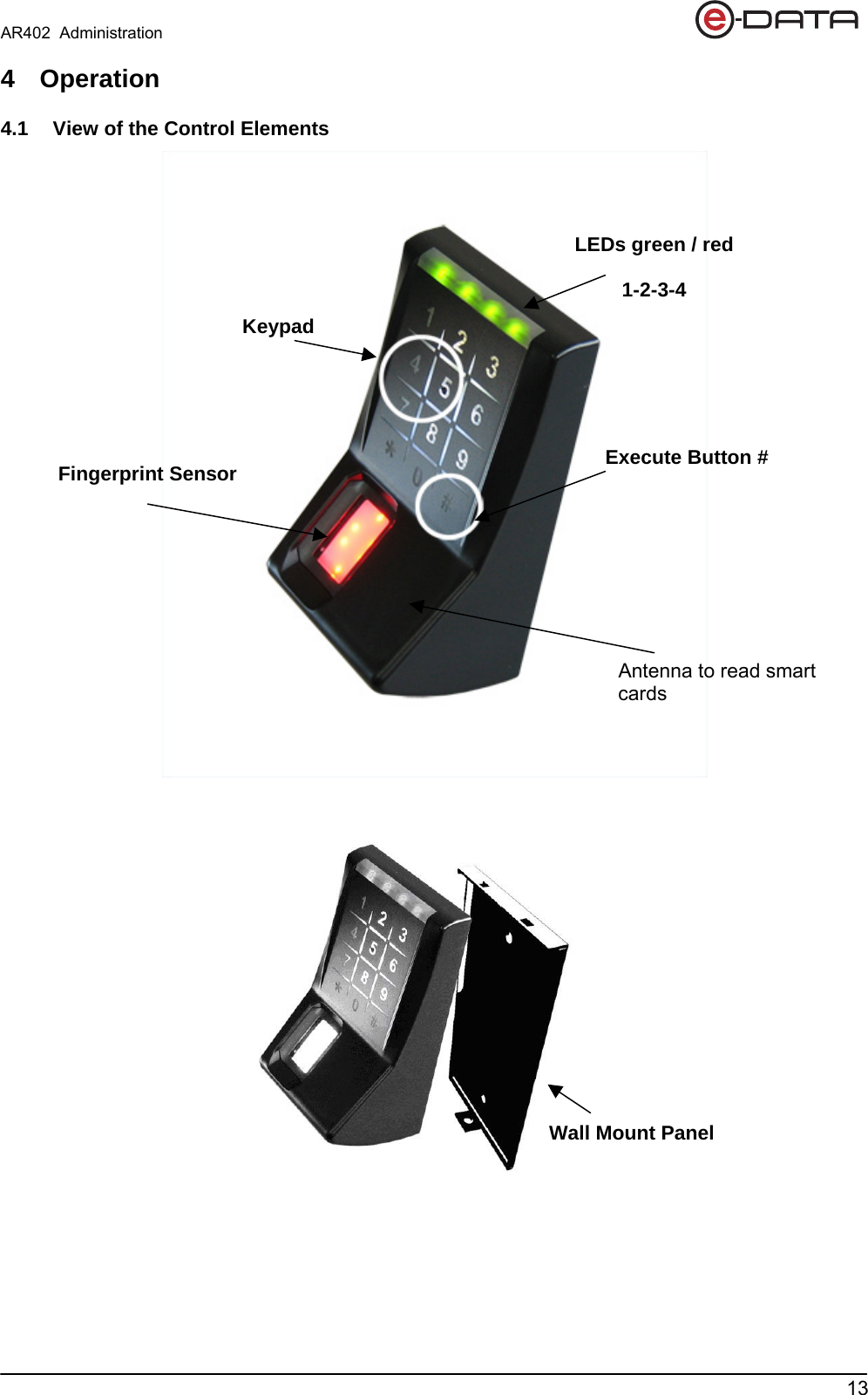 AR402  Administration                                               134 Operation  4.1  View of the Control Elements          LEDs green / red  1-2-3-4 Execute Button # Fingerprint Sensor Keypad Wall Mount Panel Antenna to read smart cards 