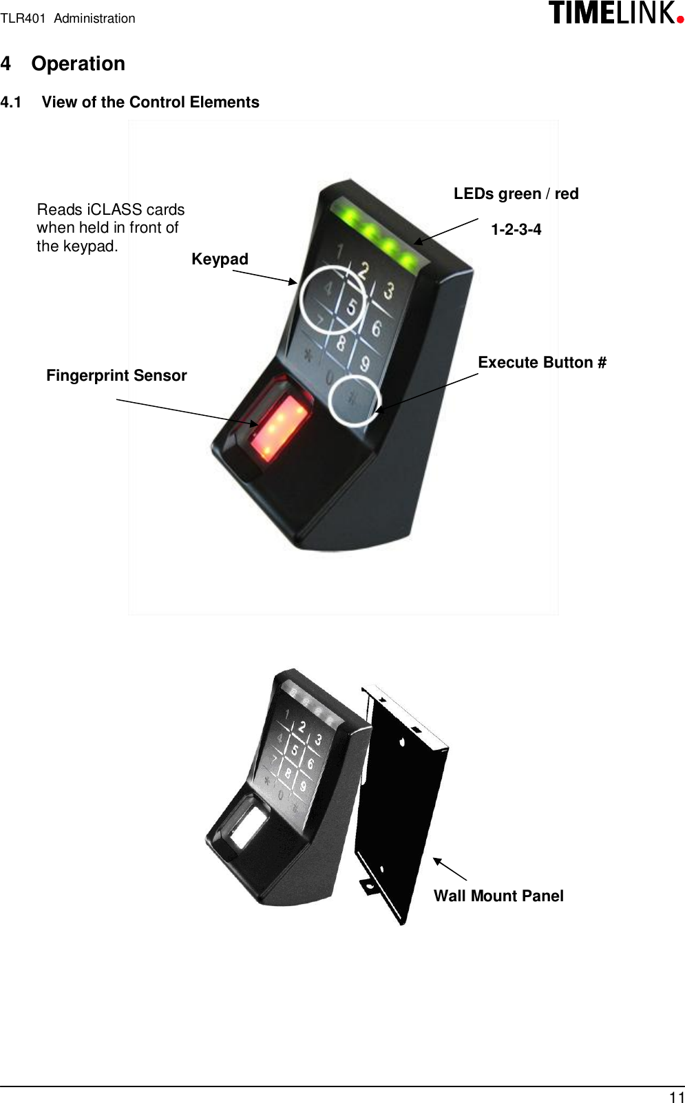 TLR401  Administration114 Operation4.1  View of the Control ElementsLEDs green /red1-2-3-4Execute Button #Fingerprint SensorKeypadWall Mount PanelReads iCLASS cardswhen held in front ofthe keypad.