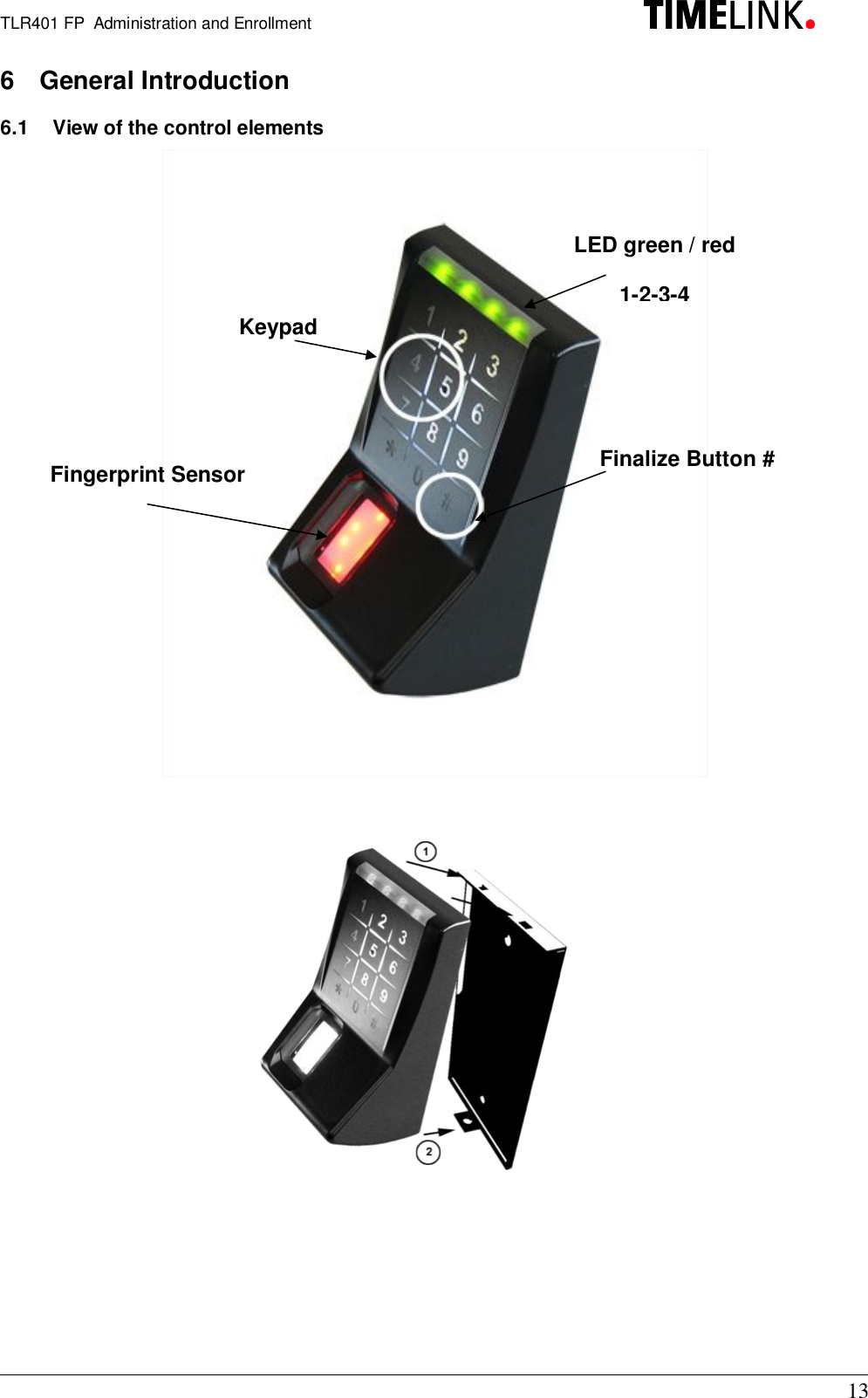 TLR401 FP  Administration and Enrollment136  General Introduction6.1  View of the control elementsLED green /red1-2-3-4Finalize Button #Fingerprint SensorKeypad