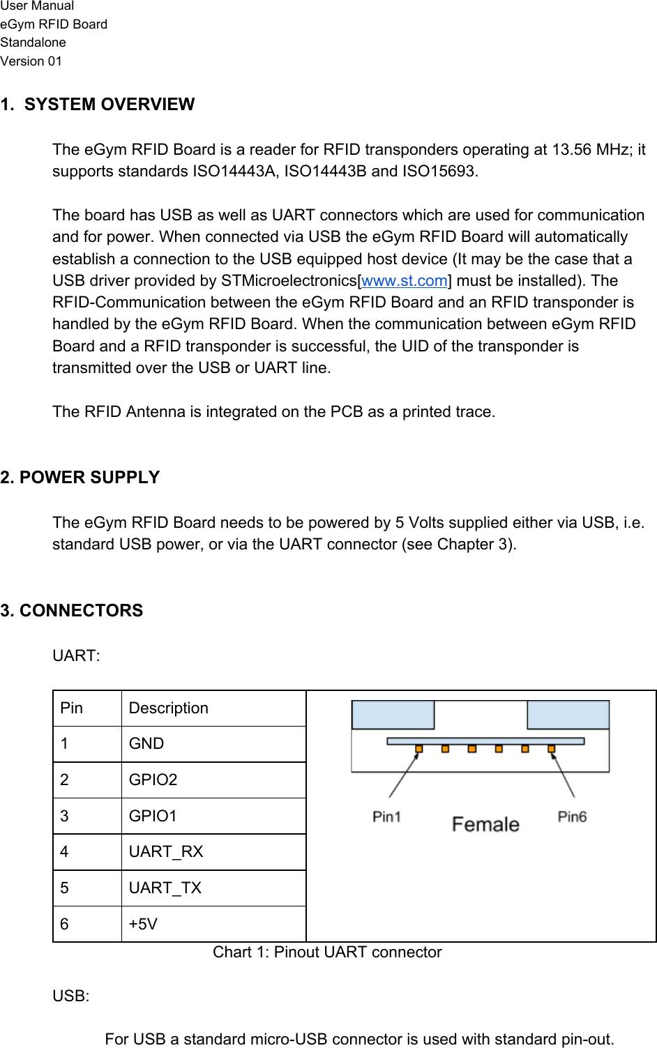 User Manual eGym RFID Board Standalone Version 01 1.  SYSTEM OVERVIEW  The eGym RFID Board is a reader for RFID transponders operating at 13.56 MHz; it supports standards ISO14443A, ISO14443B and ISO15693.  The board has USB as well as UART connectors which are used for communication and for power. When connected via USB the eGym RFID Board will automatically establish a connection to the USB equipped host device (It may be the case that a USB driver provided by STMicroelectronics[www.st.com] must be installed). The RFID-Communication between the eGym RFID Board and an RFID transponder is handled by the eGym RFID Board. When the communication between eGym RFID Board and a RFID transponder is successful, the UID of the transponder is transmitted over the USB or UART line.  The RFID Antenna is integrated on the PCB as a printed trace.   2. POWER SUPPLY  The eGym RFID Board needs to be powered by 5 Volts supplied either via USB, i.e. standard USB power, or via the UART connector (see Chapter 3).   3. CONNECTORS  UART:  Pin Description  1 GND 2 GPIO2 3 GPIO1 4 UART_RX 5 UART_TX 6 +5V Chart 1: Pinout UART connector  USB:  For USB a standard micro-USB connector is used with standard pin-out.   