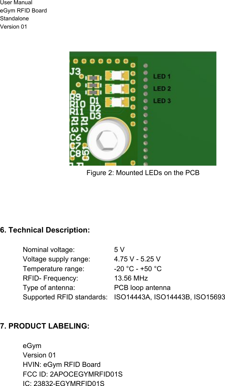 User Manual eGym RFID Board Standalone Version 01   Figure 2: Mounted LEDs on the PCB       6. Technical Description:  Nominal voltage: 5 V Voltage supply range: 4.75 V - 5.25 V Temperature range: -20 °C - +50 °C  RFID- Frequency:  13.56 MHz Type of antenna: PCB loop antenna Supported RFID standards:  ISO14443A, ISO14443B, ISO15693    7. PRODUCT LABELING:  eGym Version 01 HVIN: eGym RFID Board FCC ID: 2APOCEGYMRFID01S IC: 23832-EGYMRFID01S     