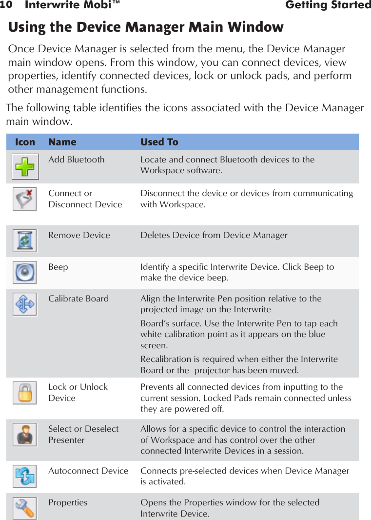 10 Interwrite Mobi™  Getting StartedUsing the Device Manager Main WindowOnce Device Manager is selected from the menu, the Device Manager main window opens. From this window, you can connect devices, view properties, identify connected devices, lock or unlock pads, and perform other management functions.The following table identifies the icons associated with the Device Manager main window.Icon Name Used ToAdd Bluetooth Locate and connect Bluetooth devices to the Workspace software.Connect or Disconnect DeviceDisconnect the device or devices from communicating with Workspace. Remove Device Deletes Device from Device ManagerBeep Identify a specific Interwrite Device. Click Beep to make the device beep. Calibrate Board Align the Interwrite Pen position relative to the projected image on the InterwriteBoard’s surface. Use the Interwrite Pen to tap each white calibration point as it appears on the blue screen. Recalibration is required when either the Interwrite Board or the  projector has been moved. Lock or Unlock DevicePrevents all connected devices from inputting to the current session. Locked Pads remain connected unless they are powered off. Select or Deselect PresenterAllows for a specific device to control the interaction of Workspace and has control over the other connected Interwrite Devices in a session. Autoconnect Device Connects pre-selected devices when Device Manager is activated.  Properties Opens the Properties window for the selected Interwrite Device. 