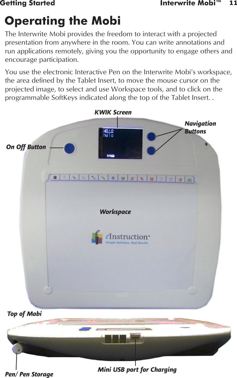 11Getting Started  Interwrite Mobi™Operating the MobiThe Interwrite Mobi provides the freedom to interact with a projected presentation from anywhere in the room. You can write annotations and run applications remotely, giving you the opportunity to engage others and encourage participation.You use the electronic Interactive Pen on the Interwrite Mobi’s workspace, the area defined by the Tablet Insert, to move the mouse cursor on the projected image, to select and use Workspace tools, and to click on the programmable SoftKeys indicated along the top of the Tablet Insert. .On Off ButtonNavigation ButtonsKWIK ScreenWorkspaceMini USB port for ChargingPen/ Pen StorageTop of Mobi