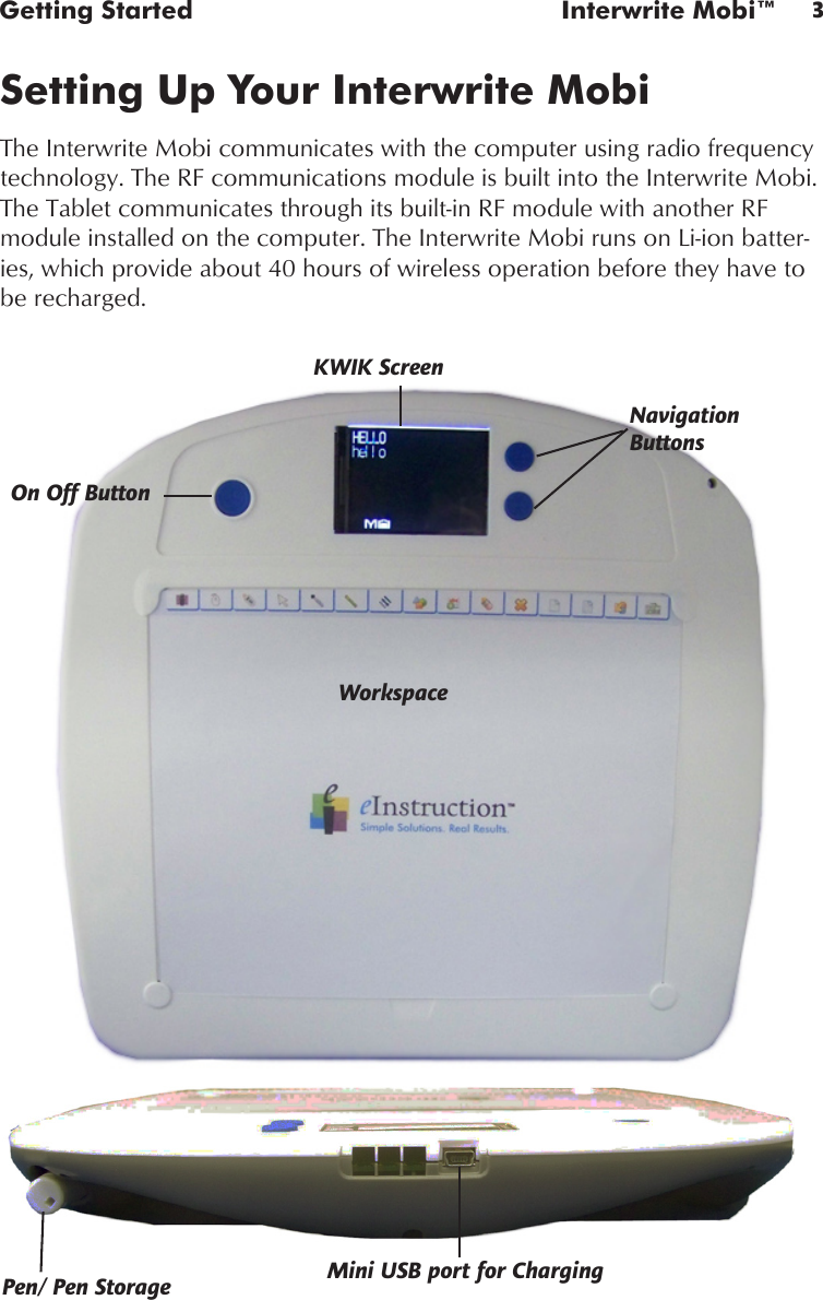 3Getting Started  Interwrite Mobi™Setting Up Your Interwrite MobiThe Interwrite Mobi communicates with the computer using radio frequency technology. The RF communications module is built into the Interwrite Mobi. The Tablet communicates through its built-in RF module with another RF module installed on the computer. The Interwrite Mobi runs on Li-ion batter-ies, which provide about 40 hours of wireless operation before they have to be recharged. On Off ButtonNavigation ButtonsKWIK ScreenWorkspaceMini USB port for ChargingPen/ Pen Storage