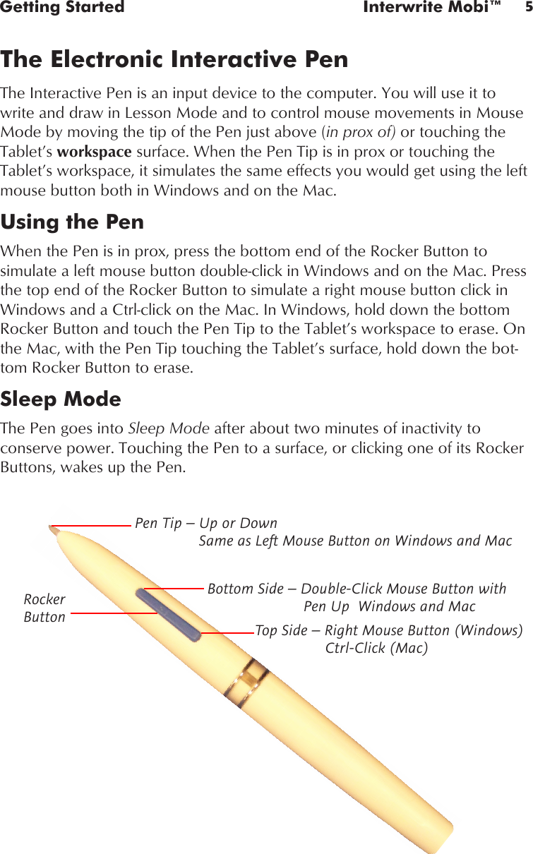 5Getting Started  Interwrite Mobi™The Electronic Interactive PenThe Interactive Pen is an input device to the computer. You will use it to write and draw in Lesson Mode and to control mouse movements in Mouse Mode by moving the tip of the Pen just above (in prox of) or touching the Tablet’s workspace surface. When the Pen Tip is in prox or touching the Tablet’s workspace, it simulates the same effects you would get using the left mouse button both in Windows and on the Mac. Using the PenWhen the Pen is in prox, press the bottom end of the Rocker Button to simulate a left mouse button double-click in Windows and on the Mac. Press the top end of the Rocker Button to simulate a right mouse button click in Windows and a Ctrl-click on the Mac. In Windows, hold down the bottom Rocker Button and touch the Pen Tip to the Tablet’s workspace to erase. On the Mac, with the Pen Tip touching the Tablet’s surface, hold down the bot-tom Rocker Button to erase.Sleep ModeThe Pen goes into Sleep Mode after about two minutes of inactivity to conserve power. Touching the Pen to a surface, or clicking one of its Rocker Buttons, wakes up the Pen. Pen Tip – Up or Down      Same as Left Mouse Button on Windows and MacRocker ButtonBottom Side – Double-Click Mouse Button with              Pen Up  Windows and MacTop Side – Right Mouse Button (Windows)      Ctrl-Click (Mac)