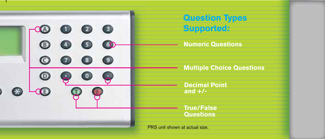 Decimal Pointand +/-True/False QuestionsMultiple Choice QuestionsPRS unit shown at actual size.Numeric QuestionsQuestion Types Supported: