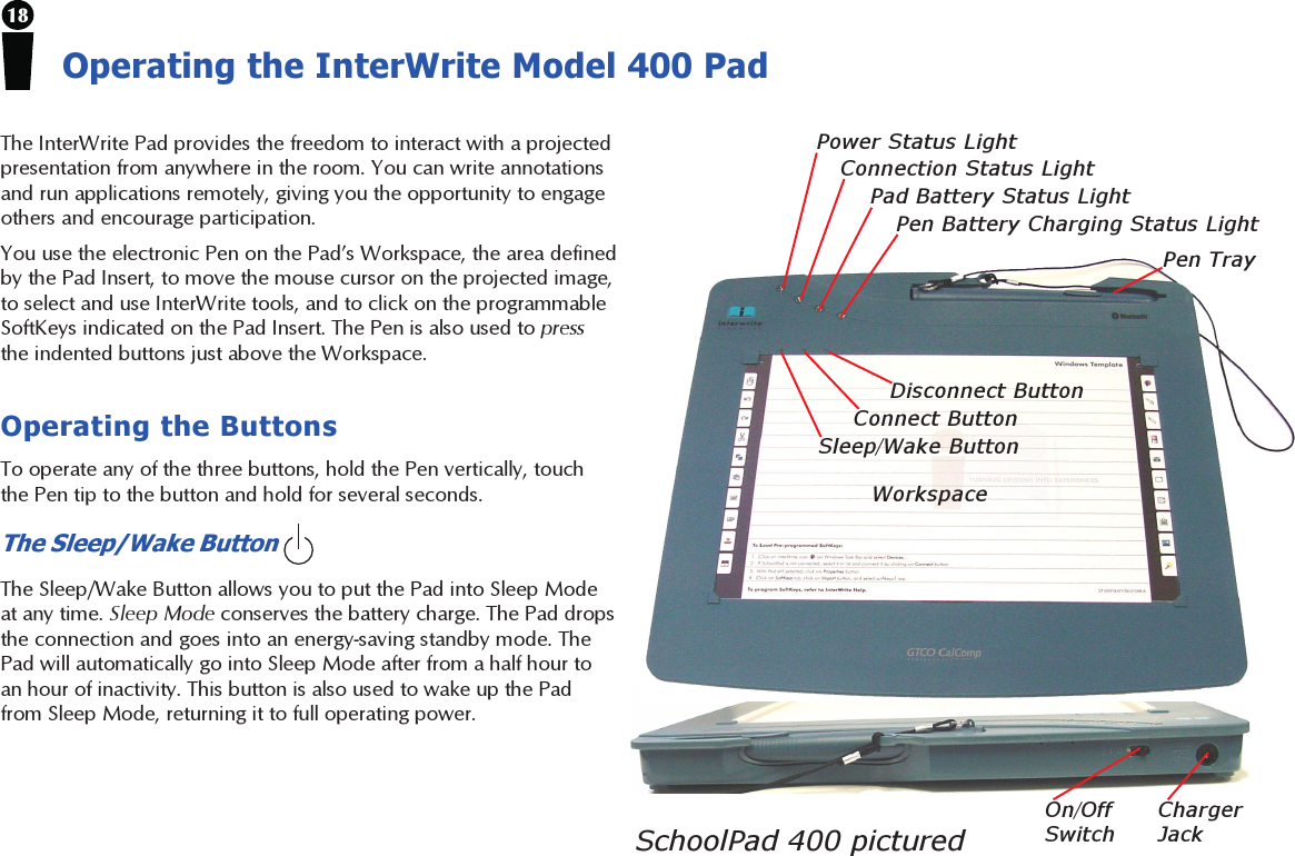 18Operating the InterWrite Model 400 PadThe InterWrite Pad provides the freedom to interact with a projectedpresentation from anywhere in the room. You can write annotationsand run applications remotely, giving you the opportunity to engageothers and encourage participation.You use the electronic Pen on the Pad’s Workspace, the area definedby the Pad Insert, to move the mouse cursor on the projected image,to select and use InterWrite tools, and to click on the programmableSoftKeys indicated on the Pad Insert. The Pen is also used to pressthe indented buttons just above the Workspace.Operating the ButtonsTo operate any of the three buttons, hold the Pen vertically, touchthe Pen tip to the button and hold for several seconds.The Sleep/Wake Button The Sleep/Wake Button allows you to put the Pad into Sleep Modeat any time. Sleep Mode conserves the battery charge. The Pad dropsthe connection and goes into an energy-saving standby mode. ThePad will automatically go into Sleep Mode after from a half hour toan hour of inactivity. This button is also used to wake up the Padfrom Sleep Mode, returning it to full operating power.SchoolPad 400 picturedPen Battery Charging Status LightConnection Status LightPower Status LightPad Battery Status LightSleep/Wake ButtonConnect ButtonDisconnect ButtonPen TrayWorkspaceChargerJackOn/OffSwitch