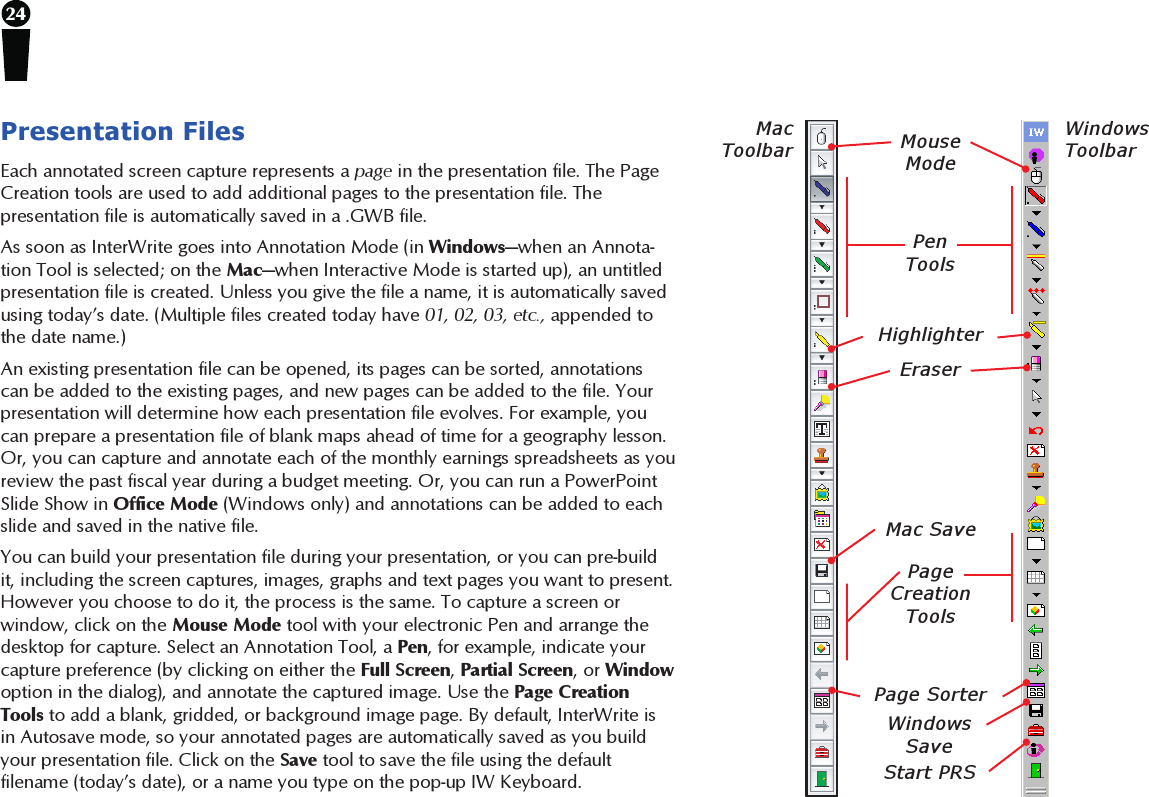 24Presentation FilesEach annotated screen capture represents a page in the presentation file. The PageCreation tools are used to add additional pages to the presentation file. Thepresentation file is automatically saved in a .GWB file.As soon as InterWrite goes into Annotation Mode (in Windows—when an Annota-tion Tool is selected; on the Mac—when Interactive Mode is started up), an untitledpresentation file is created. Unless you give the file a name, it is automatically savedusing today’s date. (Multiple files created today have 01, 02, 03, etc., appended tothe date name.)An existing presentation file can be opened, its pages can be sorted, annotationscan be added to the existing pages, and new pages can be added to the file. Yourpresentation will determine how each presentation file evolves. For example, youcan prepare a presentation file of blank maps ahead of time for a geography lesson.Or, you can capture and annotate each of the monthly earnings spreadsheets as youreview the past fiscal year during a budget meeting. Or, you can run a PowerPointSlide Show in Office Mode (Windows only) and annotations can be added to eachslide and saved in the native file.You can build your presentation file during your presentation, or you can pre-buildit, including the screen captures, images, graphs and text pages you want to present.However you choose to do it, the process is the same. To capture a screen orwindow, click on the Mouse Mode tool with your electronic Pen and arrange thedesktop for capture. Select an Annotation Tool, a Pen, for example, indicate yourcapture preference (by clicking on either the Full Screen, Partial Screen, or Windowoption in the dialog), and annotate the captured image. Use the Page CreationTools to add a blank, gridded, or background image page. By default, InterWrite isin Autosave mode, so your annotated pages are automatically saved as you buildyour presentation file. Click on the Save tool to save the file using the defaultfilename (today’s date), or a name you type on the pop-up IW Keyboard.MacToolbar MouseModePenToolsHighlighterEraserMac SavePageCreationToolsPage SorterWindowsSaveWindowsToolbarStart PRS