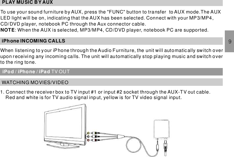 PLAY MU SIC BY AUXiPhone INCOMING CALLSiPod / iPhone / iPad TV OUT9WATCHING MOVIES/VIDEO1. Connect the receiver box to TV input #1 or input #2 socket through the AUX-TV out cable.Red and white is for TV audio signal input, yellow is for TV video signal input.To use your sound furniture by AUX, press the button to transfer to AUX mode.The AUXLED light will be on, indicating that the AUX has been selected. Connect with yourthe Aux connector cable.: When the AUX is selected, MP3/MP4, CD/DVD player, notebook PC are supported.&quot;FUNC&quot; MP3/MP4,CD/DVD player, notebook PC throughNOTEWhen listening to your iPhone through theAudio Furniture, the unit will automatically switch overupon receiving any incoming calls. The unit will automatically stop playing music and switch overto the ring tone.