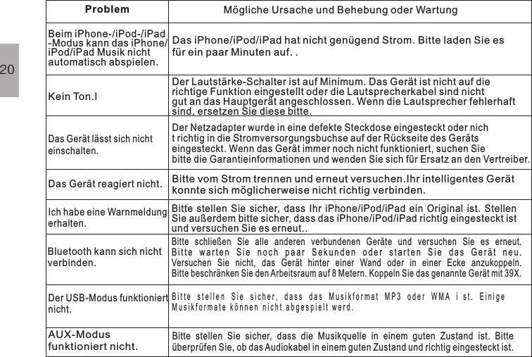 Problem Mögliche Ursache und Behebung oder WartungKein Ton.lDer Lautstärke-Schalter ist auf Minimum. Das Gerät ist nicht auf dierichtige Funktion eingestellt oder die Lautsprecherkabel sind nichtgut an das Hauptgerät angeschlossen. Wenn die Lautsprecher fehlerhaftsind, ersetzen Sie diese bitte.Das Gerät lässt sich nichteinschalten.Der Netzadapter wurde in eine defekte Steckdose eingesteckt oder nicht richtig in die Stromversorgungsbuchse auf der Rückseite des Gerätseingesteckt. Wenn das Gerät immer noch nicht funktioniert, suchen Siebitte die Garantieinformationen und wenden Sie sich für Ersatz an den Vertreiber.Das Gerät reagiert nicht.Bitte vom Strom trennen und erneut versuchen.Ihr intelligentes Gerätkonnte sich möglicherweise nicht richtig verbinden.Ich habe eine Warnmeldungerhalten.Bitte stellen Sie sicher, dass Ihr iPhone/iPod/iPad ein Original ist. StellenSie außerdem bitte sicher, dass das iPhone/iPod/iPad richtig eingesteckt istund versuchen Sie es erneut..Beim iPhone-/iPod-/iPad-Modus kann das iPhone/iPod/iPad Musik nichtautomatisch abspielen.Das iPhone/iPod/iPad hat nicht genügend Strom. Bitte laden Sie esfür ein paar Minuten auf. .Bluetooth kann sich nichtverbinden.Bitte schließen Sie alle anderen verbundenen Geräte und versuchen Sie es erneut.Bitte warten Sie noch paar Sekunden oder starten Sie das Gerät neu.Versuchen Sie nicht, das Gerät hinter einer Wand oder in einer Ecke anzukoppeln.Bitte beschränken Sie den Arbeitsraum auf 8 Metern. Koppeln Sie das genannte Gerät mit 39X.Der USB-Modus funktioniertnicht.Bitte stellen Sie sicher, dass das Musikformat MP3 oder WMA i st. Einige Musikformate können nicht abgespielt werd.AUX-Modusfunktioniert nicht.Bitte stellen Sie sicher, dass die Musikquelle in einem guten Zustand ist. Bitteüberprüfen Sie, ob das Audiokabel in einem guten Zustand und richtig eingesteckt ist.20