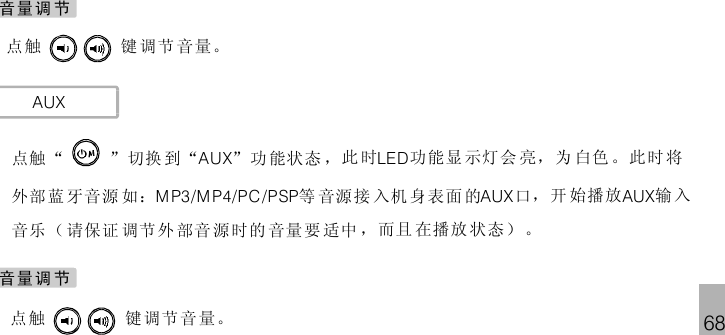 68点 键 调节 音量。触AUX点 “ ” 切换 到 “ ”功 能状态 ，此 时 功能显 示灯会 亮，为 白色 。此时 将外部蓝 牙音源 如： 等 音源接 入机 身表面 的 口，开 始播放 输 入音乐（ 请保证 调节 外 部音 源时的 音量 要 适中 ，而且 在播放 状态） 。AUX LEDMP3/MP4/PC /PSP AUX AUX触音量调 节点 键调节 音量。触音量调 节