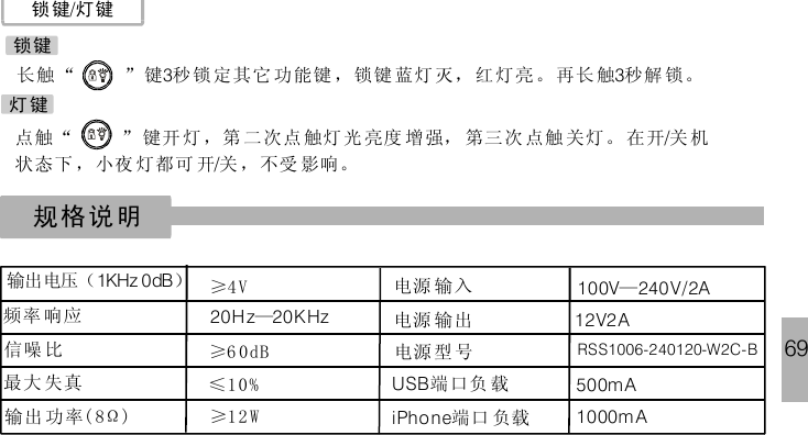 69锁键 灯键/长 “ ” 键 秒 锁定 ，锁键 蓝灯 灭，红灯亮。再长 触 秒解 锁。3 3触 其它 功能键锁键灯 键点 “ ” 键开 灯，第 二次点 触灯 光 亮度 增强， 第三次 点触 关灯。 在开 关 机状态下 ，小夜 灯都可 开 关，不受 影响。//触规格说明输出电压（ ）1KHz 0dB≥4V频率 响应 20Hz 20KHz—信噪 比≥6 0dB最大 失真 ≤10%输出 功率( 8Ω)≥12 W电源 输入 100V 240V/2A—电源 输出 12V2A电源型 号 RSS1006-240120-W2C-BUSB端口负 载iPhone端口 负载500mA1000m A