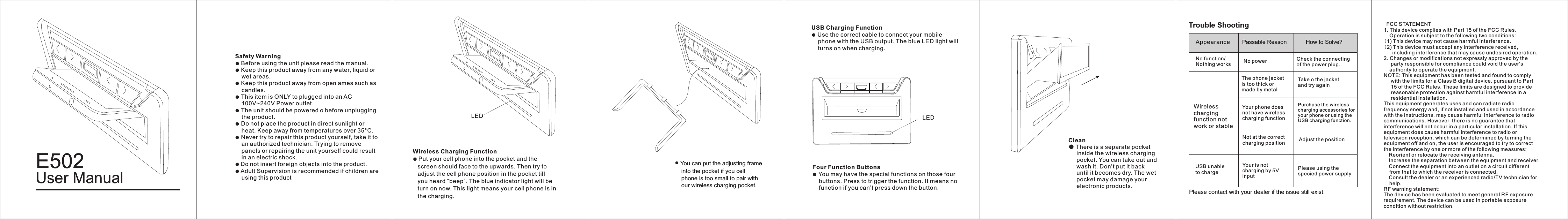 User ManualE502Please contact with your dealer if the issue still exist. Trouble ShootingHow to Solve?Passable ReasonUser ManualE502LED● You can put the adjusting frame    into the pocket if you cell    phone is too small to pair with    our wireless charging pocket.Four Function Buttons● You may have the special functions on those four    buttons. Press to trigger the function. It means no    function if you can’t press down the button.USB Charging Function● Use the correct cable to connect your mobile    phone with the USB output. The blue LED light will    turns on when charging.LEDSafety Warning● Before using the unit please read the manual.● Keep this product away from any water, liquid or    wet areas.● Keep this product away from open ames such as    candles.● This item is ONLY to plugged into an AC    100V~240V Power outlet.● The unit should be powered o before unplugging    the product.● Do not place the product in direct sunlight or    heat. Keep away from temperatures over 35°C.● Never try to repair this product yourself, take it to    an authorized technician. Trying to remove    panels or repairing the unit yourself could result    in an electric shock.● Do not insert foreign objects into the product.● Adult Supervision is recommended if children are    using this productWireless Charging Function● Put your cell phone into the pocket and the   screen should face to the upwards. Then try to   adjust the cell phone position in the pocket till   you heard “beep”. The blue indicator light will be   turn on now. This light means your cell phone is in   the charging.Clean● There is a separate pocket     inside the wireless charging     pocket. You can take out and     wash it. Don’t put it back     until it becomes dry. The wet     pocket may damage your     electronic products.No function/ Nothing works No power Check the connectingof the power plug.Wirelesschargingfunction notwork or stableThe phone jacketis too thick ormade by metalTake o the jacketand try againYour phone doesnot have wirelesscharging functionPurchase the wirelesscharging accessories foryour phone or using theUSB charging function.Not at the correct charging position Adjust the positionUSB unableto chargeYour is notcharging by 5VinputPlease using thespecied power supply.Appearance FCC STATEMENT 1. This device complies with Part 15 of the FCC Rules.     Operation is subject to the following two conditions: (1) This device may not cause harmful interference. (2) This device must accept any interference received,       including interference that may cause undesired operation. 2. Changes or modifications not expressly approved by the      party responsible for compliance could void the user&apos;s     authority to operate the equipment. NOTE: This equipment has been tested and found to comply      with the limits for a Class B digital device, pursuant to Part      15 of the FCC Rules. These limits are designed to provide      reasonable protection against harmful interference in a      residential installation. This equipment generates uses and can radiate radio frequency energy and, if not installed and used in accordance with the instructions, may cause harmful interference to radio communications. However, there is no guarantee that interference will not occur in a particular installation. If this equipment does cause harmful interference to radio or television reception, which can be determined by turning the equipment off and on, the user is encouraged to try to correct the interference by one or more of the following measures:   Reorient or relocate the receiving antenna.   Increase the separation between the equipment and receiver.   Connect the equipment into an outlet on a circuit different     from that to which the receiver is connected.   Consult the dealer or an experienced radio/TV technician for     help. RF warning statement: The device has been evaluated to meet general RF exposure requirement. The device can be used in portable exposure condition without restriction. 