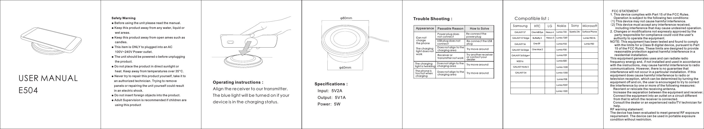 Operating instructions：Align the receiver to our transmitter. The blue light will be turned on if your device is in the charging status.Specifications：   Input：5V2A   Output：5V1A   Power：5WTrouble Shooting：Appearanceφ80mmφ60mmUSER MANUALE504Compatible list：Samsung HTC LG Nokia Sony MicrosoftGALAXY S7 One M8 Eye Nexus 4 Lumia 720 Xperia Z4v Surface PhoneGALAXY S7 EdgeGALAXY S6GALAXY S6 EdgeGALAXY S6 Edge+W2016GALAXY Note 5GALAXY S4Butterfly 3 One E9 One Max 2Nexus 5 Lumia 720TLumia 925Lumia 930Lumia 929Lumia 820Lumia 1020Lumia 1050Lumia 928Lumia 925TLumia 1520Lumia 950 XLLumia 950Safety Warning● Before using the unit please read the manual.● Keep this product away from any water, liquid or    wet areas.● Keep this product away from open ames such as    candles.● This item is ONLY to plugged into an AC    100V~240V Power outlet.● The unit should be powered o before unplugging    the product.● Do not place the product in direct sunlight or    heat. Keep away from temperatures over 35°C.● Never try to repair this product yourself, take it to   an authorized technician. Trying to remove   panels or repairing the unit yourself could result   in an electric shock.● Do not insert foreign objects into the product.● Adult Supervision is recommended if children are    using this productPassable Reason How to SolveCan not charge the phoneThe charging light does not workPower plug does not connectRe connect the power plugUSB plug does not connectDoes not align to thecharging areaRe connect the USB plugTry move aroundReceiver or transmitter not workTry move aroundTry move aroundThe charginglight is twinklingThe phone is too hot when chargingTry another receiver or contact your dealerDoes not align to thecharging areaDoes not align to thecharging area FCC STATEMENT 1. This device complies with Part 15 of the FCC Rules.     Operation is subject to the following two conditions: (1) This device may not cause harmful interference. (2) This device must accept any interference received,       including interference that may cause undesired operation. 2. Changes or modifications not expressly approved by the      party responsible for compliance could void the user&apos;s     authority to operate the equipment. NOTE: This equipment has been tested and found to comply      with the limits for a Class B digital device, pursuant to Part      15 of the FCC Rules. These limits are designed to provide      reasonable protection against harmful interference in a      residential installation. This equipment generates uses and can radiate radio frequency energy and, if not installed and used in accordance with the instructions, may cause harmful interference to radio communications. However, there is no guarantee that interference will not occur in a particular installation. If this equipment does cause harmful interference to radio or television reception, which can be determined by turning the equipment off and on, the user is encouraged to try to correct the interference by one or more of the following measures:   Reorient or relocate the receiving antenna.   Increase the separation between the equipment and receiver.   Connect the equipment into an outlet on a circuit different     from that to which the receiver is connected.   Consult the dealer or an experienced radio/TV technician for     help. RF warning statement: The device has been evaluated to meet general RF exposure requirement. The device can be used in portable exposure condition without restriction. 