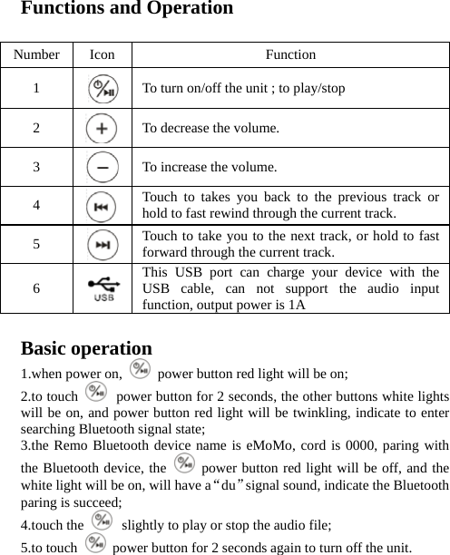  Functions and Operation  Number Icon Function 1   To turn on/off the unit ; to play/stop 2   To decrease the volume. 3   To increase the volume. 4   Touch to takes you back to the previous track or hold to fast rewind through the current track. 5   Touch to take you to the next track, or hold to fast forward through the current track. 6   This USB port can charge your device with the USB cable, can not support the audio input function, output power is 1A  Basic operation 1.when power on,    power button red light will be on; 2.to touch   power button for 2 seconds, the other buttons white lights will be on, and power button red light will be twinkling, indicate to enter searching Bluetooth signal state; 3.the Remo Bluetooth device name is eMoMo, cord is 0000, paring with the Bluetooth device, the   power button red light will be off, and the white light will be on, will have a“du”signal sound, indicate the Bluetooth paring is succeed; 4.touch the   slightly to play or stop the audio file; 5.to touch    power button for 2 seconds again to turn off the unit.     