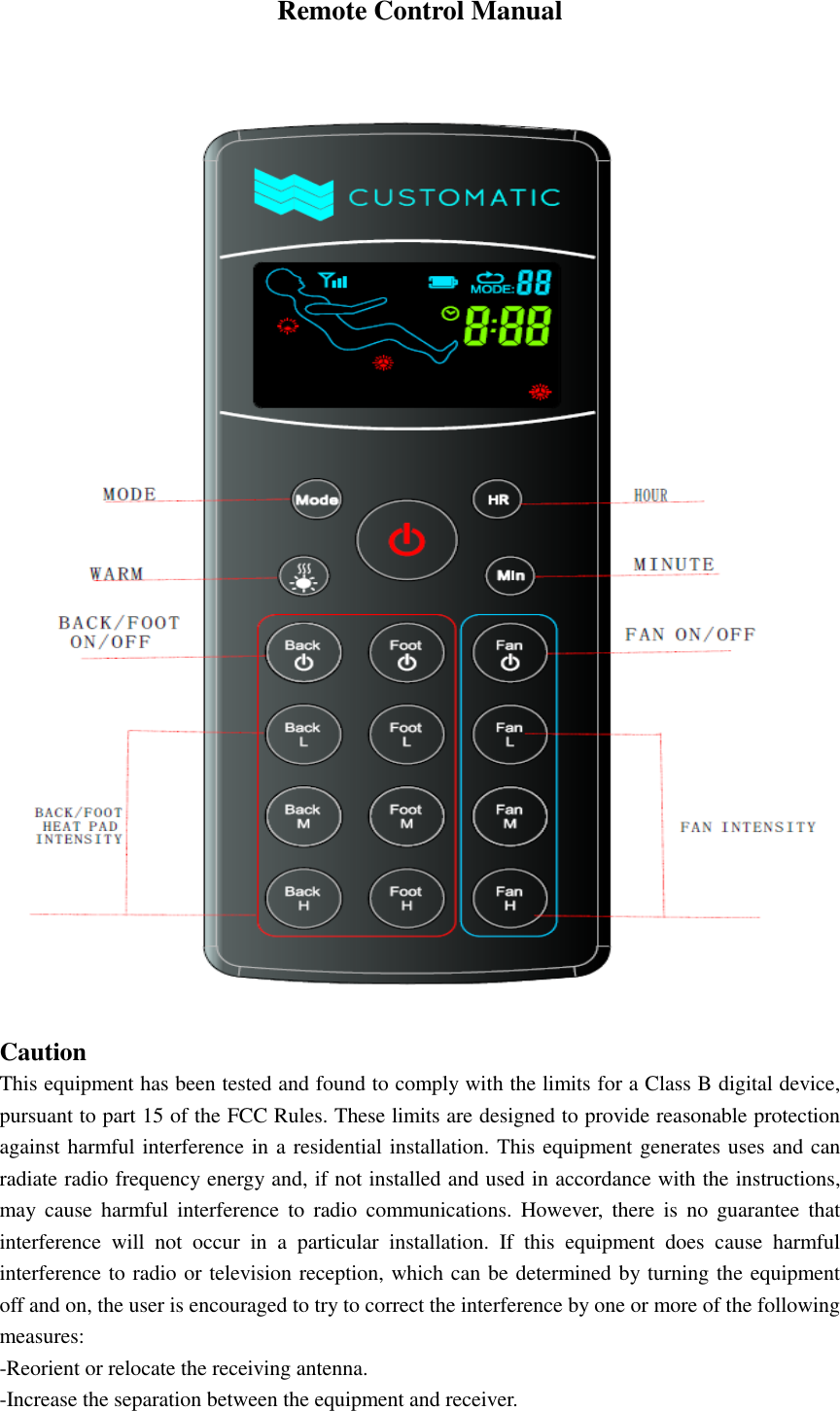  Remote Control Manual     Caution This equipment has been tested and found to comply with the limits for a Class B digital device, pursuant to part 15 of the FCC Rules. These limits are designed to provide reasonable protection against harmful interference in a residential installation. This equipment generates uses and can radiate radio frequency energy and, if not installed and used in accordance with the instructions, may  cause  harmful  interference  to  radio  communications.  However,  there  is  no  guarantee  that interference  will  not  occur  in  a  particular  installation.  If  this  equipment  does  cause  harmful interference to radio or television reception, which can be determined by turning the equipment off and on, the user is encouraged to try to correct the interference by one or more of the following measures: -Reorient or relocate the receiving antenna. -Increase the separation between the equipment and receiver. 