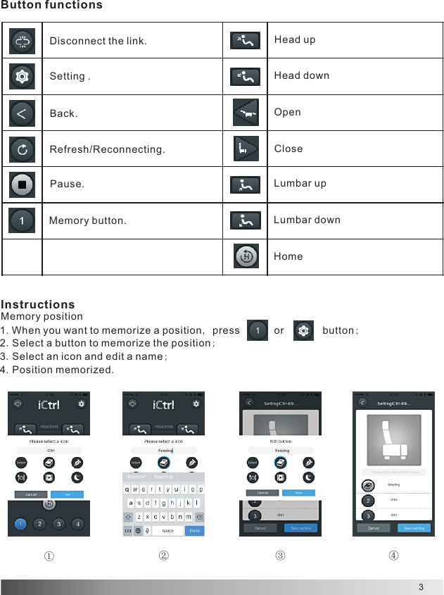 3Disconnect the link.OpenHead upHead downCloseLumbar upHomeLumbar downInstructionsMemory positionSetting .Back.Refresh/Reconnecting.Memory button. Button functions1. When you want to memorize a position, press            or        button;2.Select a button to memorize the position;3.Select an icon and edit a name;4.Position memorized.①②③④Pause. 
