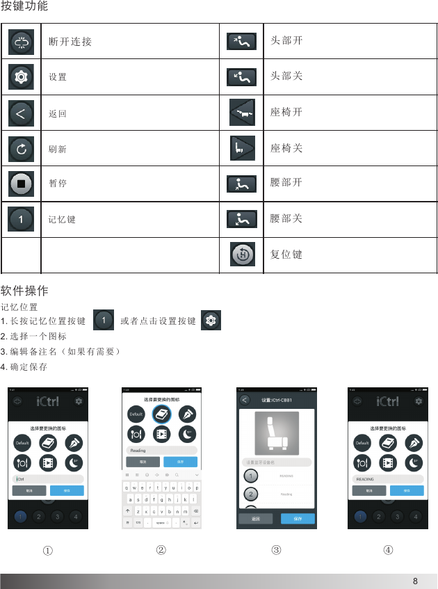 8断开连接座椅开头部开头部关座椅关腰部开复位键腰部关设置返回刷新记忆键①②③④暂停按键功能软件操作记忆位 置1.长按记 忆 位置按键        或 者点击设 置 按键2.选择一个图标3.编辑备注名（如果有需要）4.确定保 存