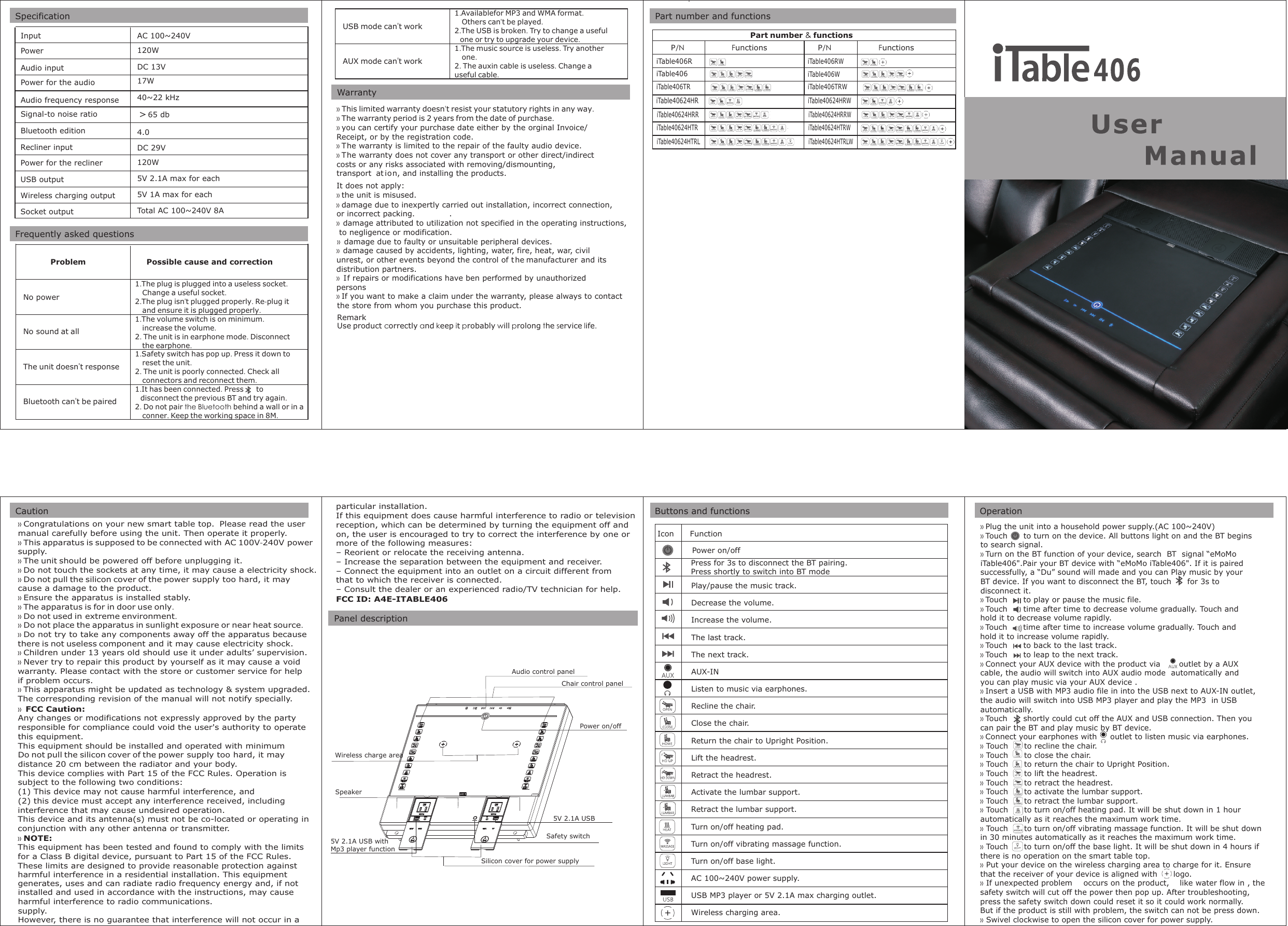Buttons and functionsAudio control panelPower on/offWireless charge areaChair control panelSafety switch5V 2.1A USB with  Mp3 player functionSpeakerIcon      Function             Power on/offPress for 3s to disconnect the BT pairing. Press shortly to switch into BT modePlay/pause the music track.Decrease the volume.Increase the volume.The last track.The next track.AUX-INListen to music via earphones.Recline the chair.Close the chair.Return the chair to Upright Position.Lift the headrest.Retract the headrest.Activate the lumbar support.Retract the lumbar support.Turn on/off heating pad.Turn on/off vibrating massage function.Panel descriptionPower for the audioAudio frequency responseSignal-to noise ratioBluetooth editionRecliner inputPower for the reclinerUSB outputWireless charging output40~22 kHz＞65 db4.0DC 29V120W5V 2.1A max for each5V 1A max for eachFrequently asked questionsProblem Possible cause and correctionNo power1.The plug is plugged into a useless socket.    Change a useful socket. 2.The plug isn&apos;t plugged properly. Re-plug it     and ensure it is plugged properly.No sound at all1.The volume switch is on minimum.    increase the volume.2. The unit is in earphone mode. Disconnect    the earphone.The unit doesn&apos;t responseBluetooth can&apos;t be paired1.Safety switch has pop up. Press it down to     reset the unit.2. The unit is poorly connected. Check all     connectors and reconnect them.1.It has been connected. Press       to    disconnect the previous BT and try again.2. Do not pair the Bluetooth behind a wall or in a    conner. Keep the working space in 8M.Warranty» This limited warranty doesn&apos;t resist your statutory rights in any way.» The warranty period is 2 years from the date of purchase.» you can certify your purchase date either by the orginal Invoice/Receipt, or by the registration code. he warranty is limited to the repair of the faulty audio device. he warranty does not cover any transport or other direct/indirect costs or any risks associated with removing/dismounting, transport i n, and installing the products. It does not apply: damage due to inexpertly carried out installation, incorrect   connection, or incorrect packing. .  damage attributed to utilization not specified in the operating   instructions, to negligence or modification. »  damage due to faulty or unsuitable peripheral devices.damage caused by accidents, lighting, water, fire, heat, war, civil unrest, or other events beyond the control of t  and its distribution partners.  f repairs or modifications have ben performed by unauthorized persons » T» Tat o» »  »  he manufacturer»  I.Part number and functionsPart number &amp; functionsP/N                         FunctionsP/N                         FunctionsiTable406WiTable406TRWiTable406RiTable406RWiTable40624HRRiTable40624HRRWiTable40624HRiTable40624HRWiTable40624HTRLiTable40624HTRLWiTable40624HTRiTable40624HTRWiTable406TRSocket output Total AC 100~240V 8A5V 2.1A USB» Congratulations on your new smart table top.  Please read the usermanual carefully before using the unit. Then operate it properly.» This apparatus is supposed to be connected with AC 100V-240V power » The unit should be powered off before unplugging it.» Do not pull the silicon cover of the power supply too hard, it may cause a damage to the product.» Ensure the apparatus is installed stably. » The apparatus is for in door use only.» Do not used in extreme environment.» Do not place the apparatus in sunlight exposure or near heat source.» Do not try to take any components away off the apparatus because there is not useless component and it may cause electricity shock.» Children under 13 years old should use it under adults’ supervision.» Never try to repair this product by yourself as it may cause a void warranty. Please contact with the store or customer service for help  if problem occurs.» This apparatus might be updated as technology &amp; system upgraded. The corresponding revision of the manual will not notify specially.Operation» Plug the unit into a household power supply.(AC 100~240V)» Touch      to turn on the device. All buttons light on and the BT beginsto search signal.» Turn on the BT function of your device, search  BT  signal “eMoMo iTable406&quot;.Pair your BT device with “eMoMo iTable406&quot;. If it is paired successfully, a “Du” sound will made and you can Play music by yourBT device. If you want to disconnect the BT, touch      for 3s todisconnect it.» Touch      to play or pause the music file.» Touch      time after time to decrease volume gradually. Touch and hold it to decrease volume rapidly. » » Touch      to back to the last track.» Touch      to leap to the next track.» Connect your AUX device with the product via       outlet by a AUX cable, the audio will switch into AUX audio mode you can play music via your AUX device .» Insert a USB with MP3 audio file in into the USB next to AUX-IN outlet,the audio will switch into USB MP3 player and play the MP3  in USBautomatically.» Touch      shortly could cut off the AUX and USB connection. Then youcan pair the BT and play music by BT device. » Connect your earphones with     outlet to listen music via earphones. Touch      to recline the chair. Touch      to close the chair. Touch      to return the chair to Upright Position. Touch      to lift the headrest. Touch      to retract the headrest. Touch      to activate the lumbar support. Touch      to retract the lumbar support. Touch      to turn on/off heating pad. It will be shut down in 1 hour automatically as it reaches the maximum work time. Touch      to turn on/off vibrating massage function. It will be shut downin 30 minutes automatically as it reaches the maximum work time. Touch      to turn on/off the base light. It will be shut down in 4 hours ifTouch      time after time to increase volume gradually. Touch and hold it to increase volume rapidly.automatically »»»»»»»»»»Cautionsupply.and there is no operation on the smart table top. Put your device on the wireless charging area to charge for it. Ensure that the receiver of your device is aligned with      logo. If unexpected problem  like water flow in , the safety switch will cut off the power then pop up. After troubleshooting, »»occurs on the product, Silicon cover for power supply Turn on/off base light.AC 100~240V power supply.USB MP3 player or 5V 2.1A max charging outlet.InputPowerAudio inputAC 100~240V120WDC 13V17W   one or try to upgrade your device.AUX mode can&apos;t work1.The music source is useless. Try another     one.2. The auxin cable is useless. Change a useful cable.press the safety switch down could reset it so it could work normally.But if the product is still with problem, the switch can not be press down. Swivel clockwise to open the silicon cover for power supply.»Wireless charging area.SpecificationUSB mode can&apos;t work1.Availablefor MP3 and WMA format.     Others can&apos;t be played.2.The USB is broken. Try to change a useful »  FCC Caution:Any changes or modifications not expressly approved by the partyresponsible for compliance could void the user&apos;s authority to operate This equipment should be installed and operated with minimum Do not pull the silicon cover of the power supply too hard, it may distance 20 cm between the radiator and your body.This device complies with Part 15 of the FCC Rules. Operation is subject to the following two conditions:(1) This device may not cause harmful interference, and(2) this device must accept any interference received, including interference that may cause undesired operation.This device and its antenna(s) must not be co-located or operating inconjunction with any other antenna or transmitter.» NOTE:This equipment has been tested and found to comply with the limitsfor a Class B digital device, pursuant to Part 15 of the FCC Rules.These limits are designed to provide reasonable protection against harmful interference in a residential installation. This equipmentthis equipment.generates, uses and can radiate radio frequency energy and, if not installed and used in accordance with the instructions, may cause harmful interference to radio communications.However, there is no guarantee that interference will not occur in asupply.particular installation.If this equipment does cause harmful interference to radio or televisionreception, which can be determined by turning the equipment off and on, the user is encouraged to try to correct the interference by one or more of the following measures:– Reorient or relocate the receiving antenna.– Increase the separation between the equipment and receiver.– Connect the equipment into an outlet on a circuit different fromthat to which the receiver is connected.– Consult the dealer or an experienced radio/TV technician for help.FCC ID: A4E-ITABLE406» the unit is misused. Remark» If you want to make a claim under the warranty, please always to contactthe store from whom you purchase this product.Use product correctly and keep it probably will prolong the service life.iTable406» Do not touch the sockets at any time, it may cause a electricity shock.