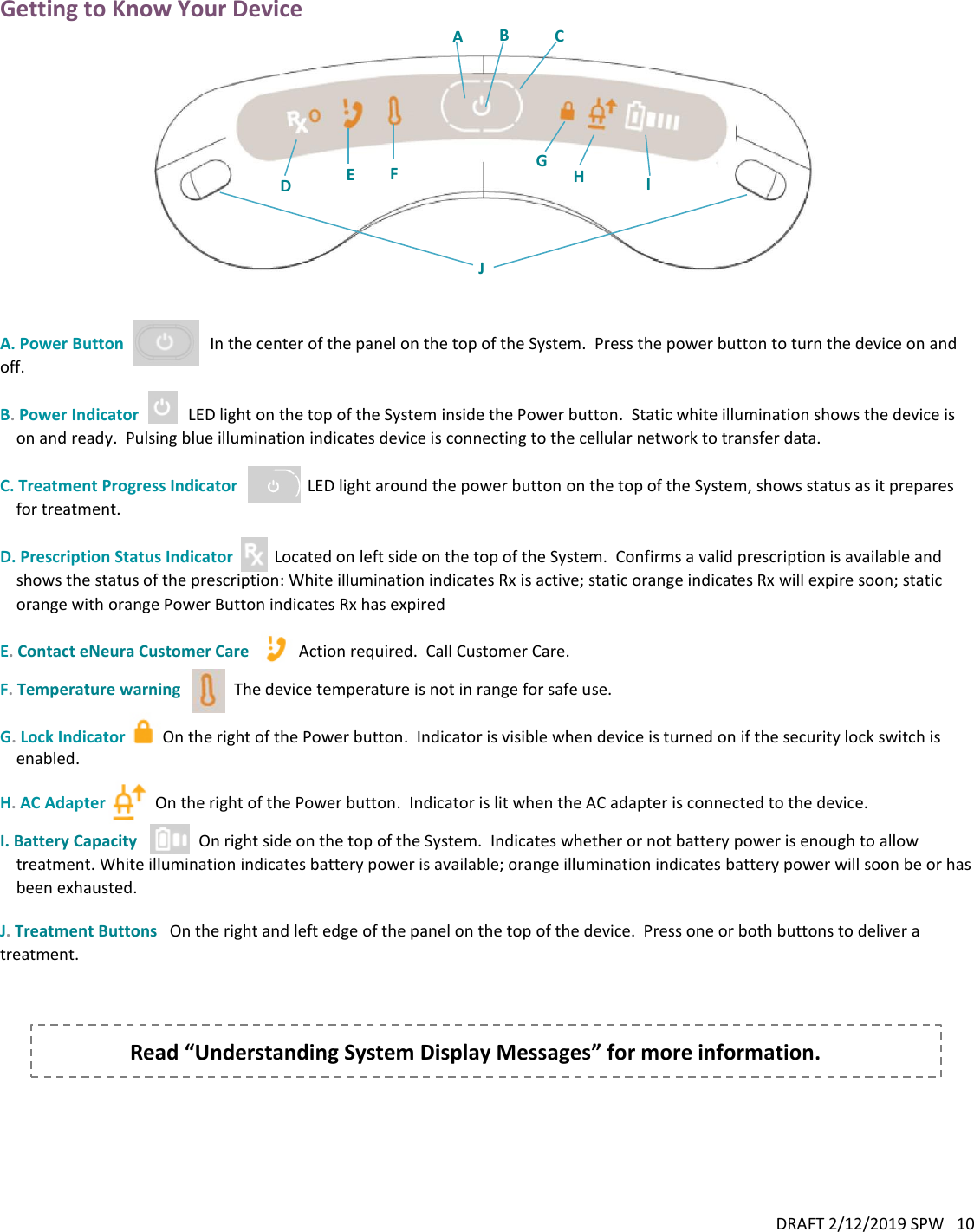 DRAFT 2/12/2019 SPW   10  – Getting to Know Your Device    A. Power Button                     In the center of the panel on the top of the System.  Press the power button to turn the device on and off.  B. Power Indicator            LED light on the top of the System inside the Power button.  Static white illumination shows the device is on and ready.  Pulsing blue illumination indicates device is connecting to the cellular network to transfer data.  C. Treatment Progress Indicator                 LED light around the power button on the top of the System, shows status as it prepares for treatment.  D. Prescription Status Indicator          Located on left side on the top of the System.  Confirms a valid prescription is available and shows the status of the prescription: White illumination indicates Rx is active; static orange indicates Rx will expire soon; static orange with orange Power Button indicates Rx has expired  E. Contact eNeura Customer Care            Action required.  Call Customer Care.  F. Temperature warning             The device temperature is not in range for safe use.    G. Lock Indicator         On the right of the Power button.  Indicator is visible when device is turned on if the security lock switch is enabled.  H. AC Adapter            On the right of the Power button.  Indicator is lit when the AC adapter is connected to the device.     I. Battery Capacity               On right side on the top of the System.  Indicates whether or not battery power is enough to allow treatment. White illumination indicates battery power is available; orange illumination indicates battery power will soon be or has been exhausted.  J. Treatment Buttons   On the right and left edge of the panel on the top of the device.  Press one or both buttons to deliver a treatment.    Read “Understanding System Display Messages” for more information.      A B C F G H I J D E 