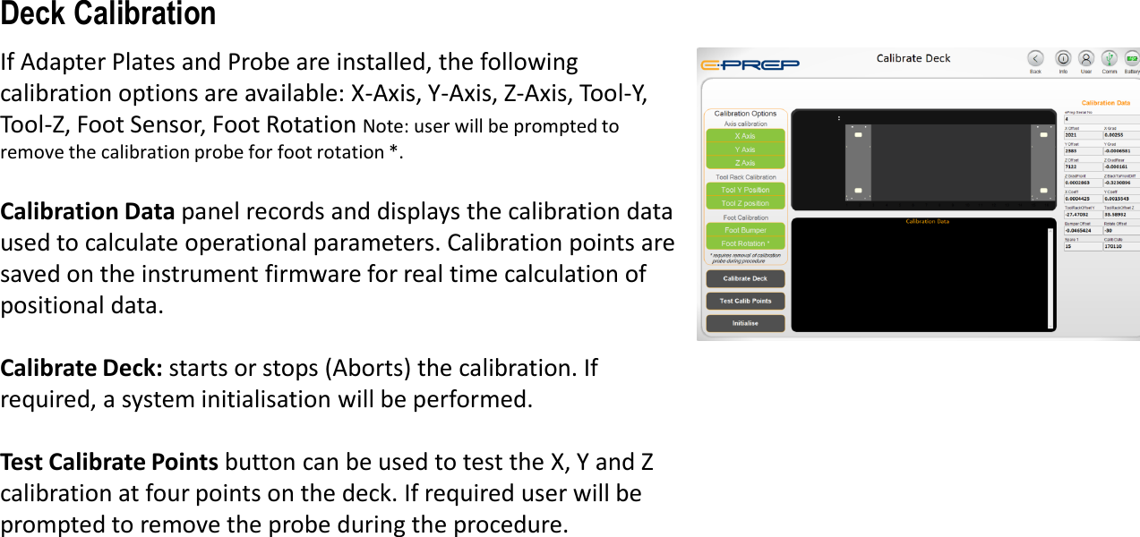 If Adapter Plates and Probe are installed, the following calibration options are available: X-Axis, Y-Axis, Z-Axis, Tool-Y, Tool-Z, Foot Sensor, Foot Rotation Note: user will be prompted to remove the calibration probe for foot rotation *. Calibration Data panel records and displays the calibration data used to calculate operational parameters. Calibration points are saved on the instrument firmware for real time calculation of positional data.Calibrate Deck: starts or stops (Aborts) the calibration. If required, a system initialisation will be performed.Test Calibrate Points button can be used to test the X, Y and Z calibration at four points on the deck. If required user will be prompted to remove the probe during the procedure.Deck Calibration