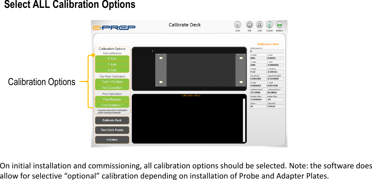 On initial installation and commissioning, all calibration options should be selected. Note: the software does allow for selective &ldquo;optional&rdquo; calibration depending on installation of Probe and Adapter Plates. Select ALL Calibration OptionsCalibration Options