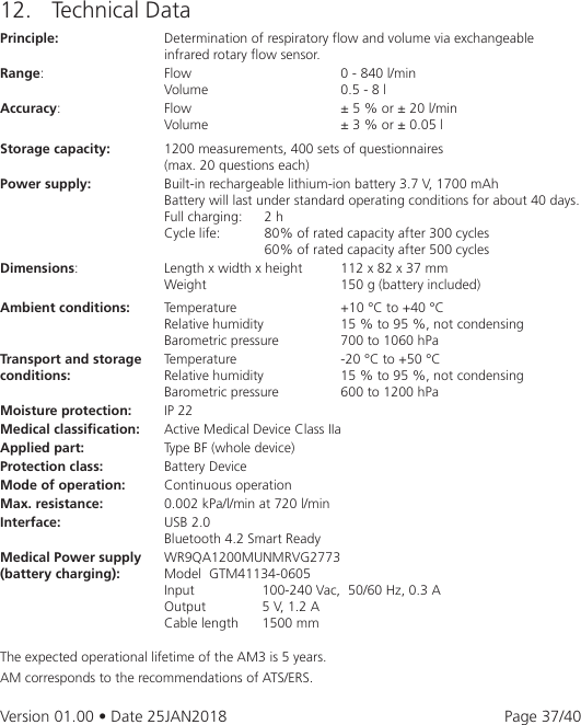 Page 37 of eResearchTechnology AM3G03 The Asthma Monitor AM3 is an electronic measurement device to monitor the lung function. User Manual 2AAUFAM3G03 UserMan