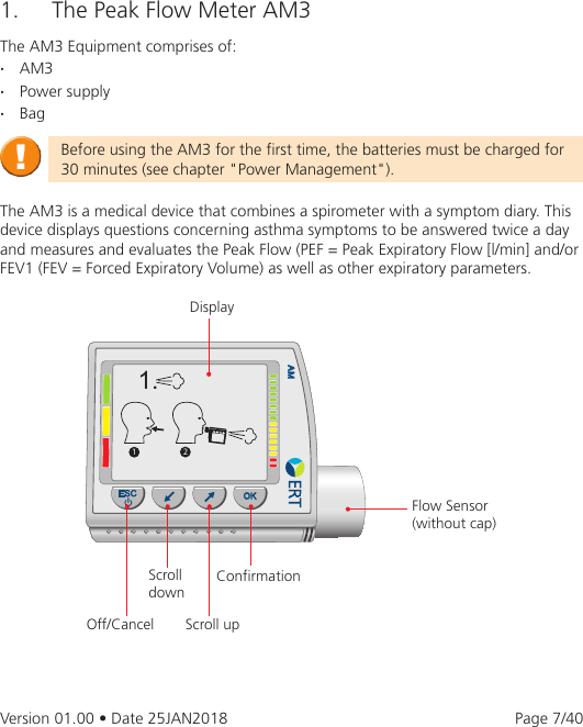 Page 7 of eResearchTechnology AM3G03 The Asthma Monitor AM3 is an electronic measurement device to monitor the lung function. User Manual 2AAUFAM3G03 UserMan