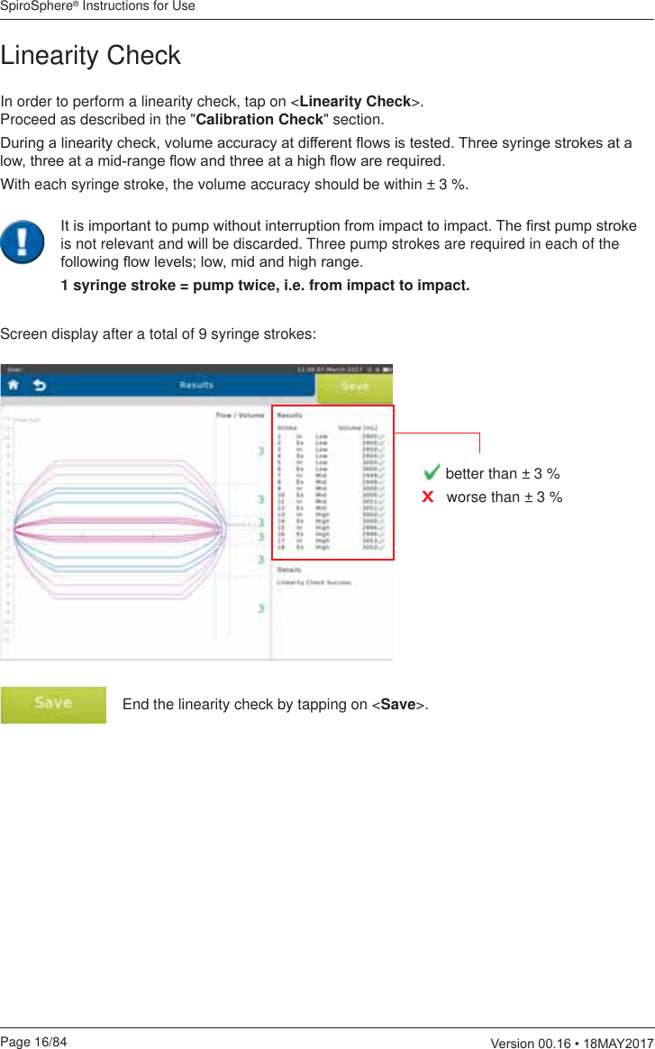 SpiroSphere® Instructions for UsePage 16/84  9HUVLRQ0$&lt;End the linearity check by tapping on &lt;Save&gt;.Screen display after a total of 9 syringe strokes:better than ± 3 % X   worse than ± 3 %In order to perform a linearity check, tap on &lt;Linearity Check&gt;.  Proceed as described in the &quot;Calibration Check&quot; section.&apos;XULQJDOLQHDULW\FKHFNYROXPHDFFXUDF\DWGLIIHUHQWÀRZVLVWHVWHG7KUHHV\ULQJHVWURNHVDWDORZWKUHHDWDPLGUDQJHÀRZDQGWKUHHDWDKLJKÀRZDUHUHTXLUHGWith each syringe stroke, the volume accuracy should be within ± 3 %.Linearity Check,WLVLPSRUWDQWWRSXPSZLWKRXWLQWHUUXSWLRQIURPLPSDFWWRLPSDFW7KH¿UVWSXPSVWURNHis not relevant and will be discarded. Three pump strokes are required in each of the IROORZLQJÀRZOHYHOVORZPLGDQGKLJKUDQJH1 syringe stroke = pump twice, i.e. from impact to impact.