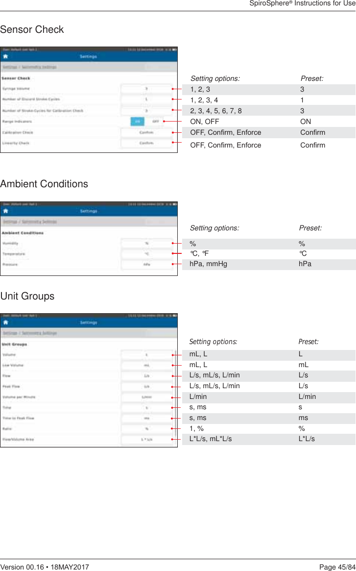 SpiroSphere® Instructions for UsePage 45/849HUVLRQ0$&lt;Sensor CheckSetting options:    Preset:1, 2, 3       3 1, 2, 3, 4      12, 3, 4, 5, 6, 7, 8    3ON, OFF   ON2))&amp;RQ¿UP(QIRUFH &amp;RQ¿UP2))&amp;RQ¿UP(QIRUFH &amp;RQ¿UPAmbient ConditionsSetting options:    Preset:%   %°C, °F    °ChPa, mmHg    hPaUnit GroupsSetting options:    Preset:mL, L    LmL, L    mLL/s, mL/s, L/min    L/sL/s, mL/s, L/min    L/sL/min   L/mins, ms    ss, ms    ms1, %    %L*L/s, mL*L/s    L*L/s