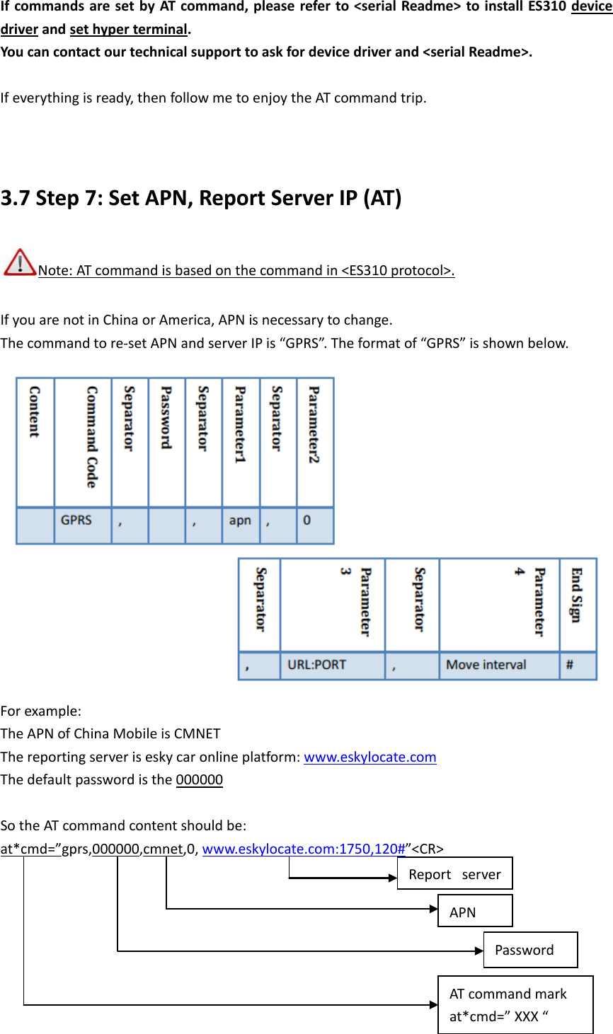 If commands are set by AT command, please refer to <serial Readme> to install ES310 device driver and set hyper terminalYou can contact our technical support to ask for device driver and <serial Readme>. .    If everything is ready, then follow me to enjoy the AT command trip.   3.7 Step 7: Set APN, Report Server IP (AT)  Note: AT command is based on the command in <ES310 protocol>. If you are not in China or America, APN is necessary to change.   The command to re-set APN and server IP is &ldquo;GPRS&rdquo;. The format of &ldquo;GPRS&rdquo; is shown below.  For example: The APN of China Mobile is CMNET The reporting server is esky car online platform: www.eskylocate.com The default password is the  000000 So the AT command content should be: at*cmd=&rdquo;gprs,000000,cmnet,0, www.eskylocate.com:1750,120#&rdquo;<CR>        Report server  APN Password AT command mark at*cmd=&rdquo; XXX &ldquo; 