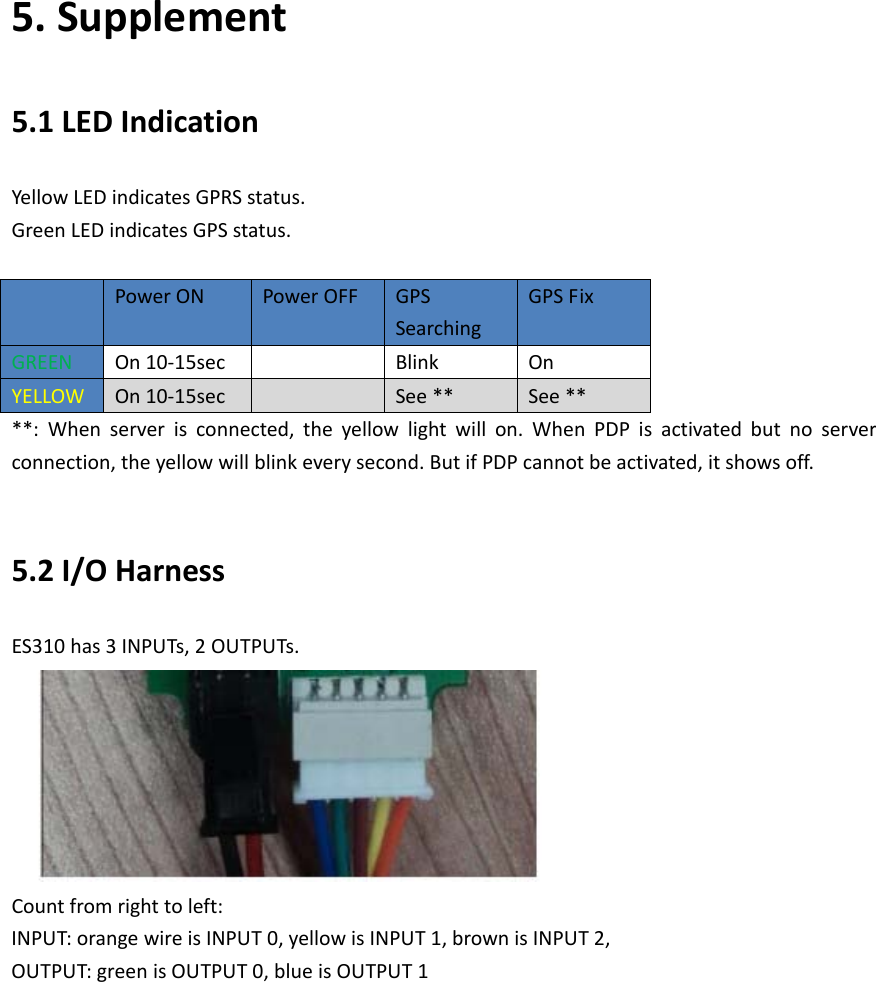 5. Supplement 5.1 LED Indication Yellow LED indicates GPRS status.   Green LED indicates GPS status.      Power ON Power OFF GPS Searching GPS Fix GREEN On 10-15sec     Blink   On   YELLOW On 10-15sec     See ** See ** **: When server is connected, the yellow light will on. When PDP is activated but no server connection, the yellow will blink every second. But if PDP cannot be activated, it shows off.  5.2 I/O Harness ES310 has 3 INPUTs, 2 OUTPUTs.  Count from right to left:   INPUT: orange wire is INPUT 0, yellow is INPUT 1, brown is INPUT 2,   OUTPUT: green is OUTPUT 0, blue is OUTPUT 1 