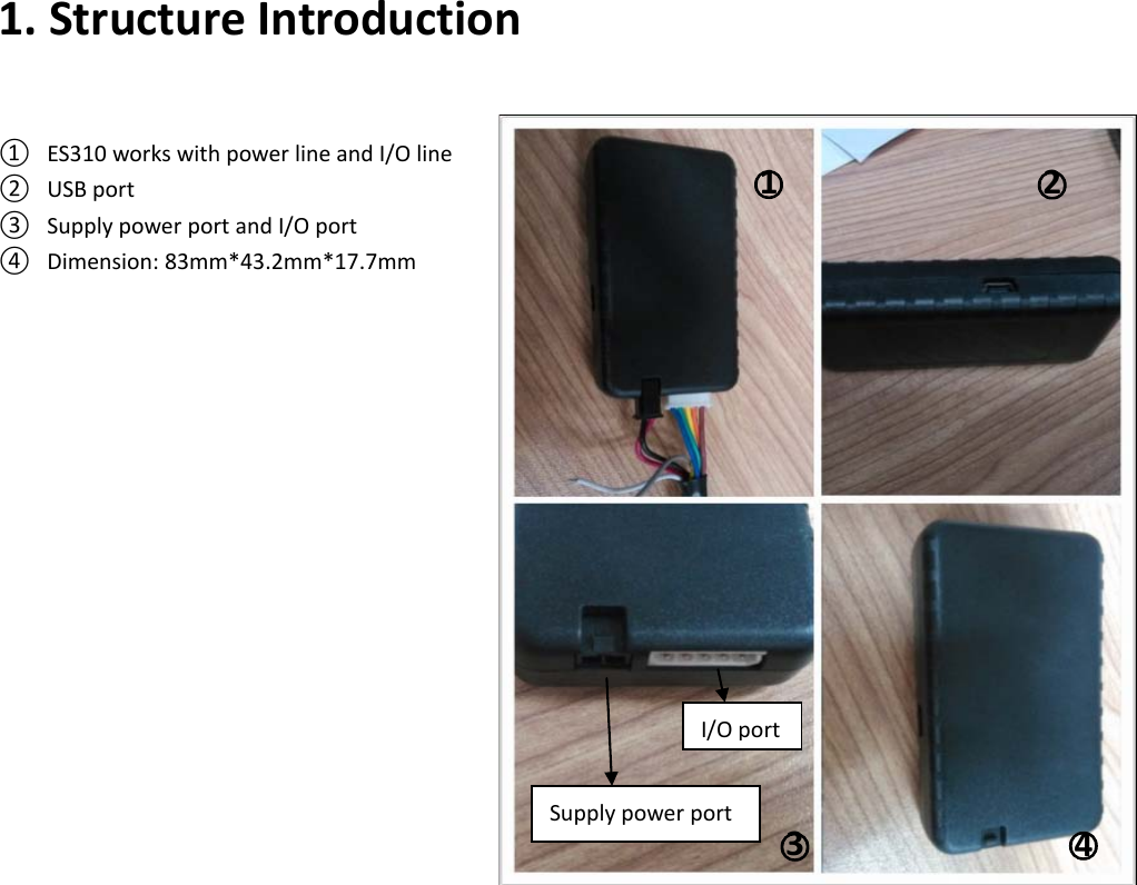 1. Structure Introduction  ① ES310 works with power line and I/O line ② USB port ③ Supply power port and I/O port ④ Dimension: 83mm*43.2mm*17.7mm  ○1 ○4 ○3 ○2 Supply power port I/O port 