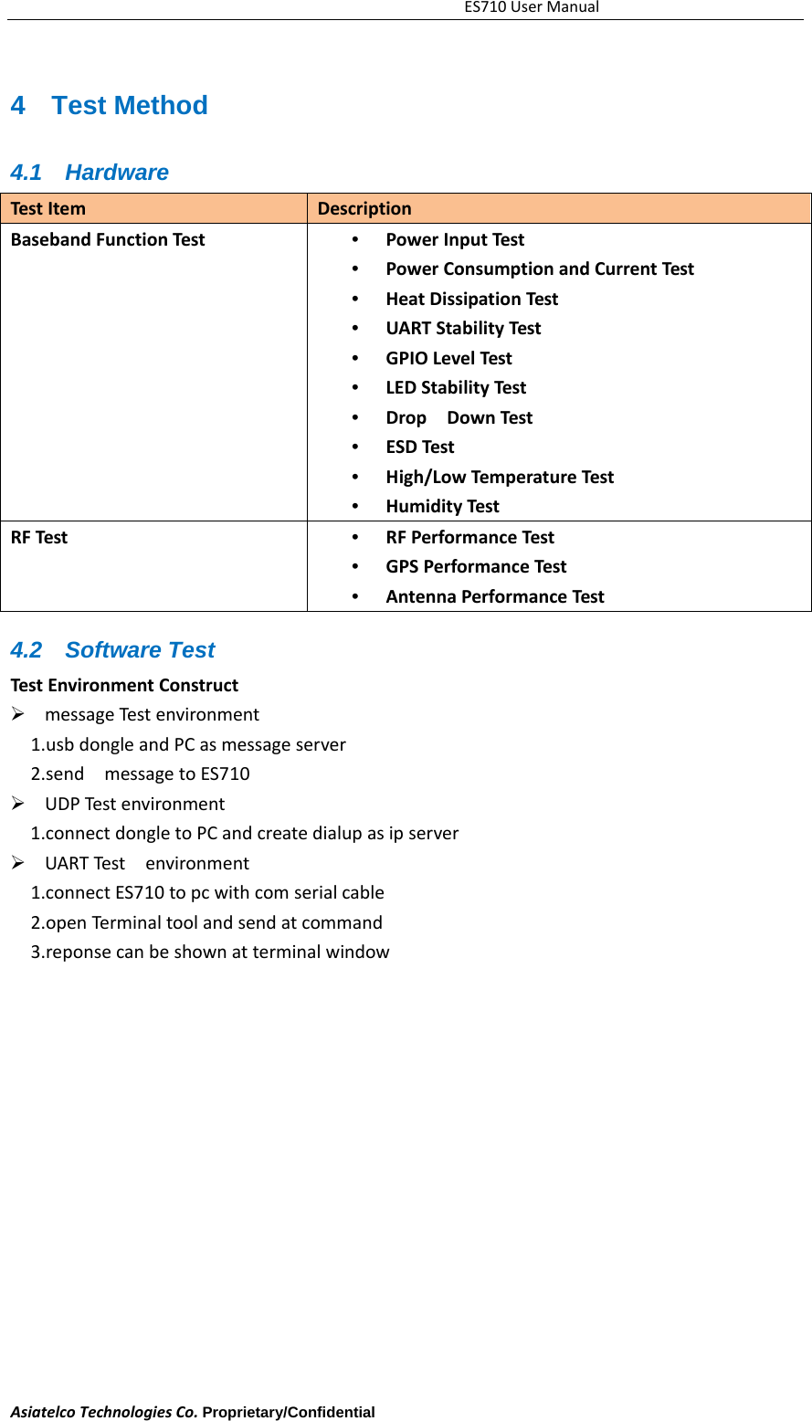 ES710UserManualAsiatelcoTechnologiesCo.Proprietary/Confidential     4 Test Method 4.1 Hardware TestItemDescriptionBasebandFunctionTest&bull;  PowerInputTest&bull;  PowerConsumptionandCurrentTest&bull;  HeatDissipationTest&bull;  UARTStabilityTest&bull;  GPIOLevelTest&bull;  LEDStabilityTest&bull;  DropDownTest&bull;  ESDTest&bull;  High/LowTemperatureTest&bull;  HumidityTestRFTest&bull;  RFPerformanceTest&bull;  GPSPerformanceTest&bull;  AntennaPerformanceTest4.2 Software Test TestEnvironmentConstruct messageTestenvironment1.usbdongleandPCasmessageserver2.sendmessagetoES710 UDPTestenvironment1.connectdongletoPCandcreatedialupasipserver UARTTestenvironment1.connectES710topcwithcomserialcable2.openTerm inaltoolandsendatcommand3.reponsecanbeshownatterminalwindow