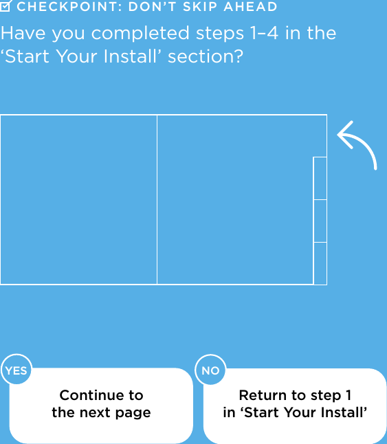     YES NOCHECKPOINT: DON’T  SKIP AHEADHave you completed steps 1–4 in the  ‘Start Your Install’ section?Continue to the next pageReturn to step 1 in ‘Start Your Install’