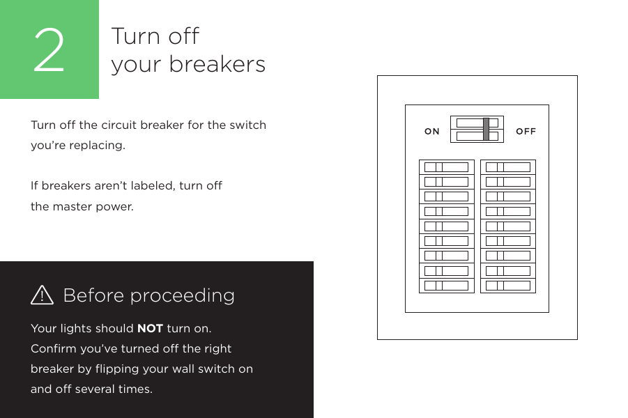 Turn off the circuit breaker for the switch you’re replacing.  If breakers aren’t labeled, turn off  the master power.Your lights should NOT turn on.  Confirm you’ve turned off the right breaker by flipping your wall switch on and off several times.Before proceeding2Turn off your breakers