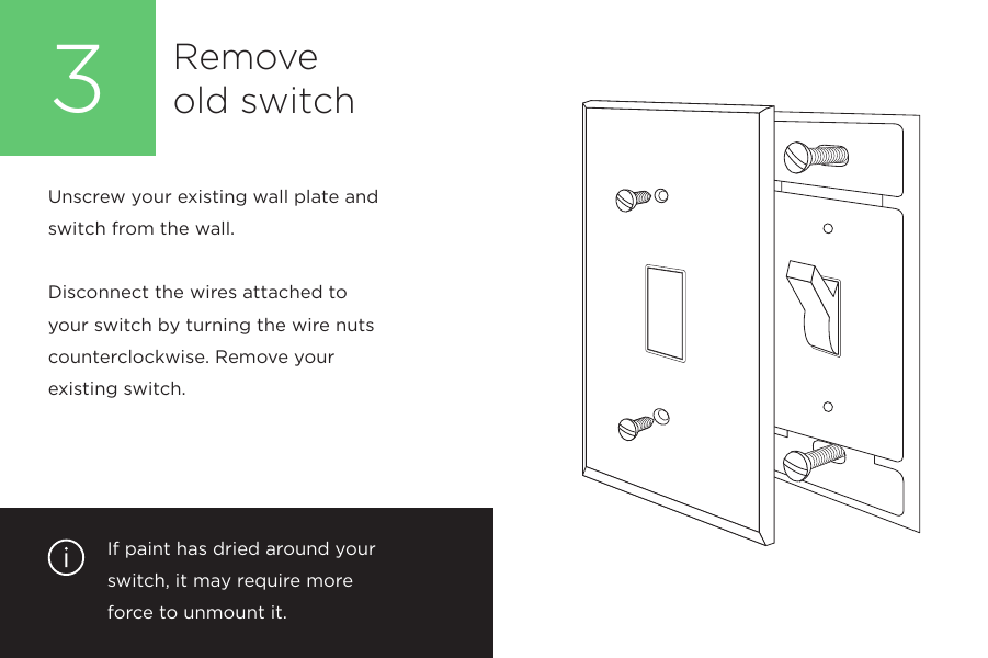 If paint has dried around your switch, it may require more  force to unmount it. Unscrew your existing wall plate and switch from the wall. Disconnect the wires attached to your switch by turning the wire nuts counterclockwise. Remove your  existing switch.  Remove  old switch3