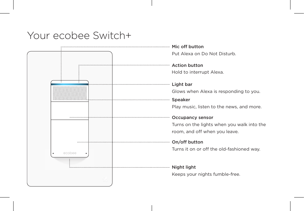 Your ecobee Switch+Light bar Glows when Alexa is responding to you.On/off button Turns it on or off the old-fashioned way.Night lightKeeps your nights fumble-free.Mic off button Put Alexa on Do Not Disturb.Action buttonHold to interrupt Alexa.SpeakerPlay music, listen to the news, and more.Occupancy sensor Turns on the lights when you walk into the room, and off when you leave.