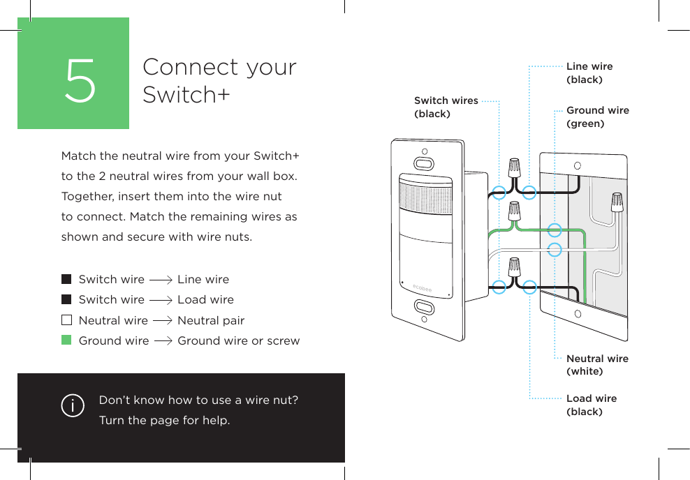 5Line wire (black)Switch wires (black) Ground wire (green)Neutral wire (white)Load wire (black)Match the neutral wire from your Switch+ to the 2 neutral wires from your wall box. Together, insert them into the wire nut to connect. Match the remaining wires as shown and secure with wire nuts.Connect your Switch+Switch wireSwitch wireNeutral wireGround wireLine wireLoad wireNeutral pairGround wire or screwDon’t know how to use a wire nut? Turn the page for help. 