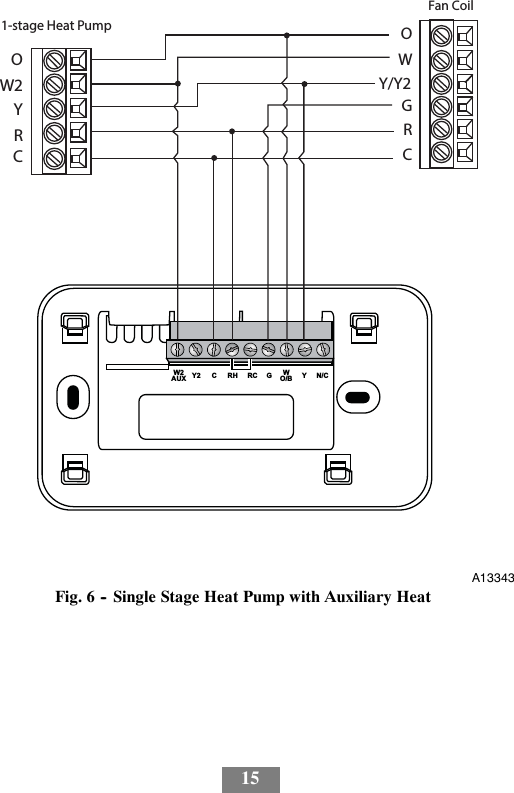 15YN/CWO/BGRCRHCY2W2AUXOWY/Y2CGRFan Coil1-stage Heat PumpW2RYCOA13343Fig. 6 -- Single Stage Heat Pump with Auxiliary Heat