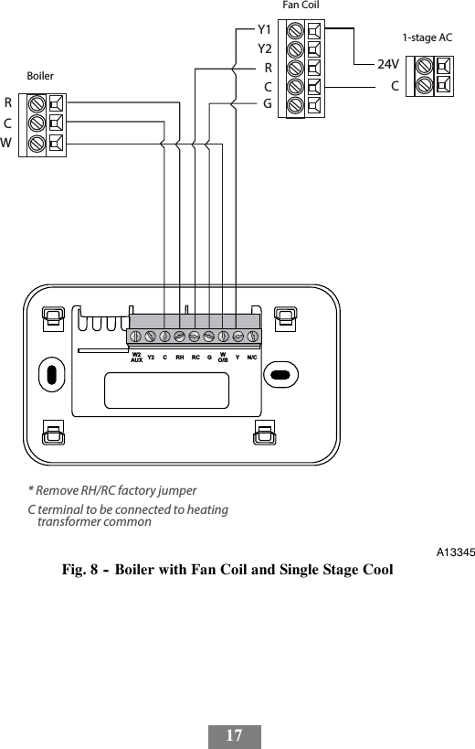 17YN/CWO/BGRCRHCY2W2AUX1-stage ACC24VBoilerCRWY1RCY2GFan Coil* Remove RH/RC factory jumper C terminal to be connected to heating  transformer commonA13345Fig. 8 -- Boiler with Fan Coil and Single Stage Cool