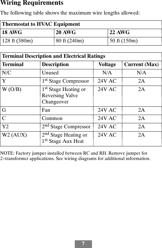 7Wiring RequirementsThe following table shows the maximum wire lengths allowed:Thermostat to HVAC Equipment18 AWG 20 AWG 22 AWG128 ft (380m) 80 ft (240m) 50 ft (150m)Terminal Description and Electrical RatingsTerminal Description Voltage Current (Max)N/C Unused N/A N/AY 1st Stage Compressor 24V AC 2AW(O/B) 1st Stage Heating orReversing ValveChangeover24V AC 2AGFan 24V AC 2ACCommon 24V AC 2AY2 2nd Stage Compressor 24V AC 2AW2 (AUX) 2nd Stage Heating or1st Stage Aux Heat24V AC 2ANOTE: Factory jumper installed between RC and RH. Remove jumper for2--transformer applications. See wiring diagrams for additional information.