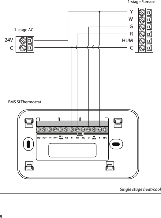 9YN/CWO/BGRCRHCY2R1+R1-R2+R2- W2AUX1-stage ACC24VYGRWCHUM1-stage FurnaceEMS Si ThermostatSingle stage heat/cool