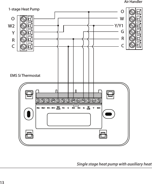 13YN/CWO/BGRCRHCY2R1+R1-R2+R2- W2AUXEMS Si ThermostatOWY/Y1CGRAir Handler1-stage Heat PumpW2RYCOSingle stage heat pump with auxiliary heat