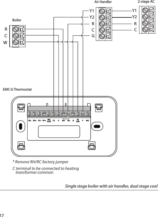 17YN/CWO/BGRCRHCY2R1+R1-R2+R2- W2AUXEMS Si Thermostat2-stage ACCBoilerCWRY1RRCY2Y1Y2GAir HandlerSingle stage boiler with air handler, dual stage cool* Remove RH/RC factory jumper C terminal to be connected to heatingtransformer common