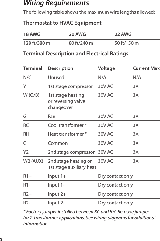 Wiring RequirementsThe following table shows the maximum wire lengths allowed:Thermostat to HVAC Equipment18 AWG  20 AWG  22 AWG128 ft/380 m  80 ft/240 m  50 ft/150 mTerminal Description and Electrical RatingsTerminal  Description  Voltage  Current Max N/C Unused  N/A  N/AY  1st stage compressor  30V AC  3AW (O/B)  1st stage heating   30V AC  3A or reversing valve changeoverG  Fan  30V AC  3ARC  Cool transformer *  30V AC  3ARH  Heat transformer *  30V AC  3AC  Common  30V AC  3AY2  2nd stage compressor  30V AC  3AW2 (AUX)  2nd stage heating or  30V AC  3A 1st stage auxiliary heatR1+  Input 1+  Dry contact onlyR1-  Input 1-  Dry contact onlyR2+  Input 2+  Dry contact onlyR2-  Input 2-  Dry contact only* Factory jumper installed between RC and RH. Remove jumper for 2-transformer applications. See wiring diagrams for additional information. 5