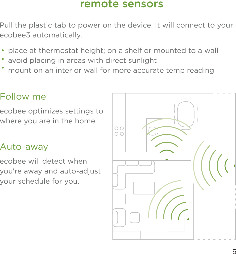 5ecobee optimizes settings to where you are in the home.Follow meecobee will detect when you&apos;re away and auto-adjust your schedule for you. Auto-awayremote sensorsPull the plastic tab to power on the device. It will connect to your ecobee3 automatically.place at thermostat height; on a shelf or mounted to a wallavoid placing in areas with direct sunlightmount on an interior wall for more accurate temp reading