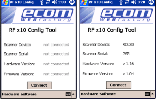 Please copy the “RF x10 Software Package.ARMV4.CAB” from SD Card to a temporary folder Click on “RF x10 Software Package.ARMV4.CAB” file in the temporary folder. Please perform a soft reset.  RF x10 Configuration Tool  12.2 General  The RF x10 Configuration Tool is an application based on RF x10 API which configures both scanner device and keyboard emulator software.   